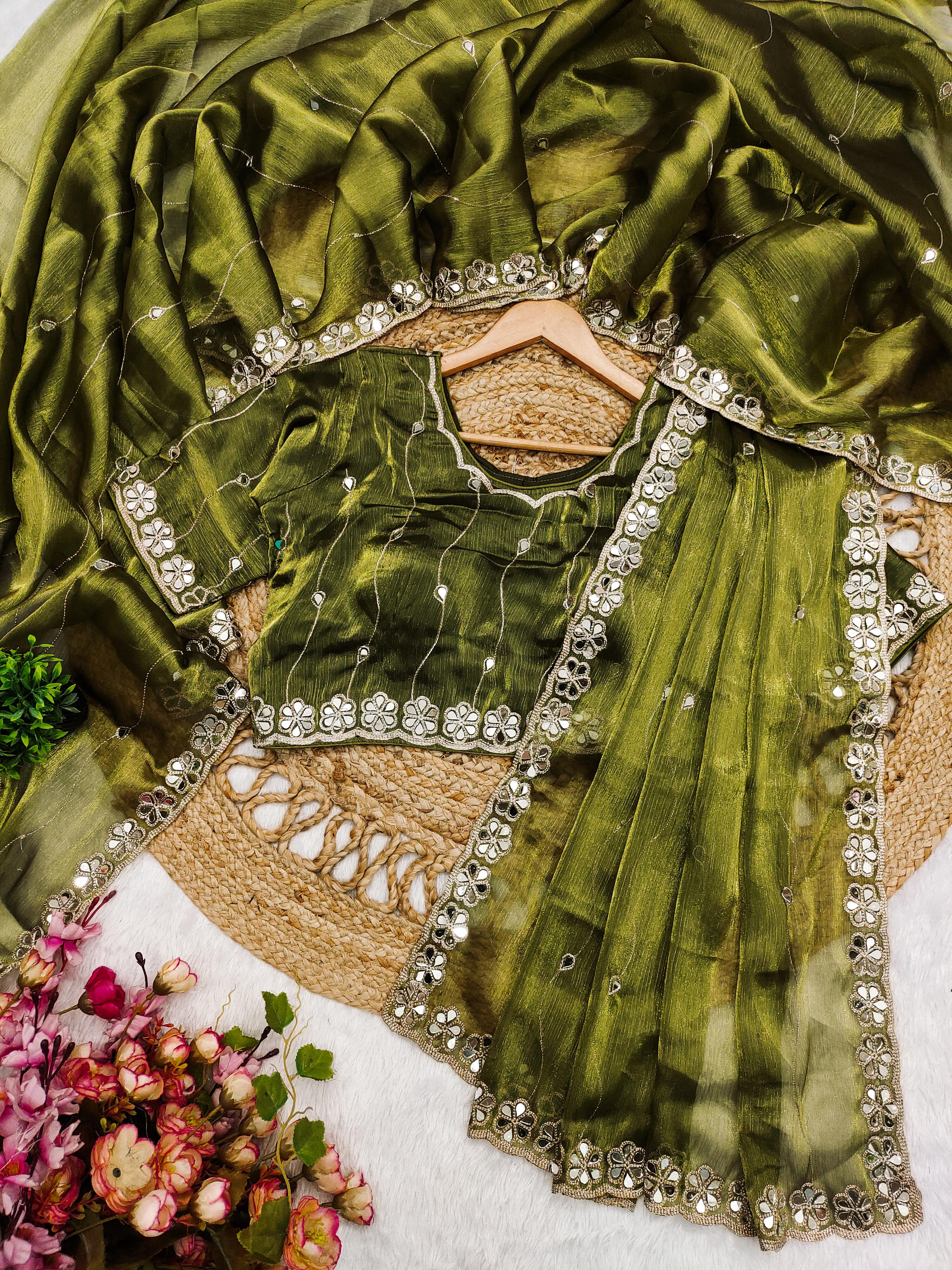 Green Saree with Mirror Work Border and Embellished Blouse