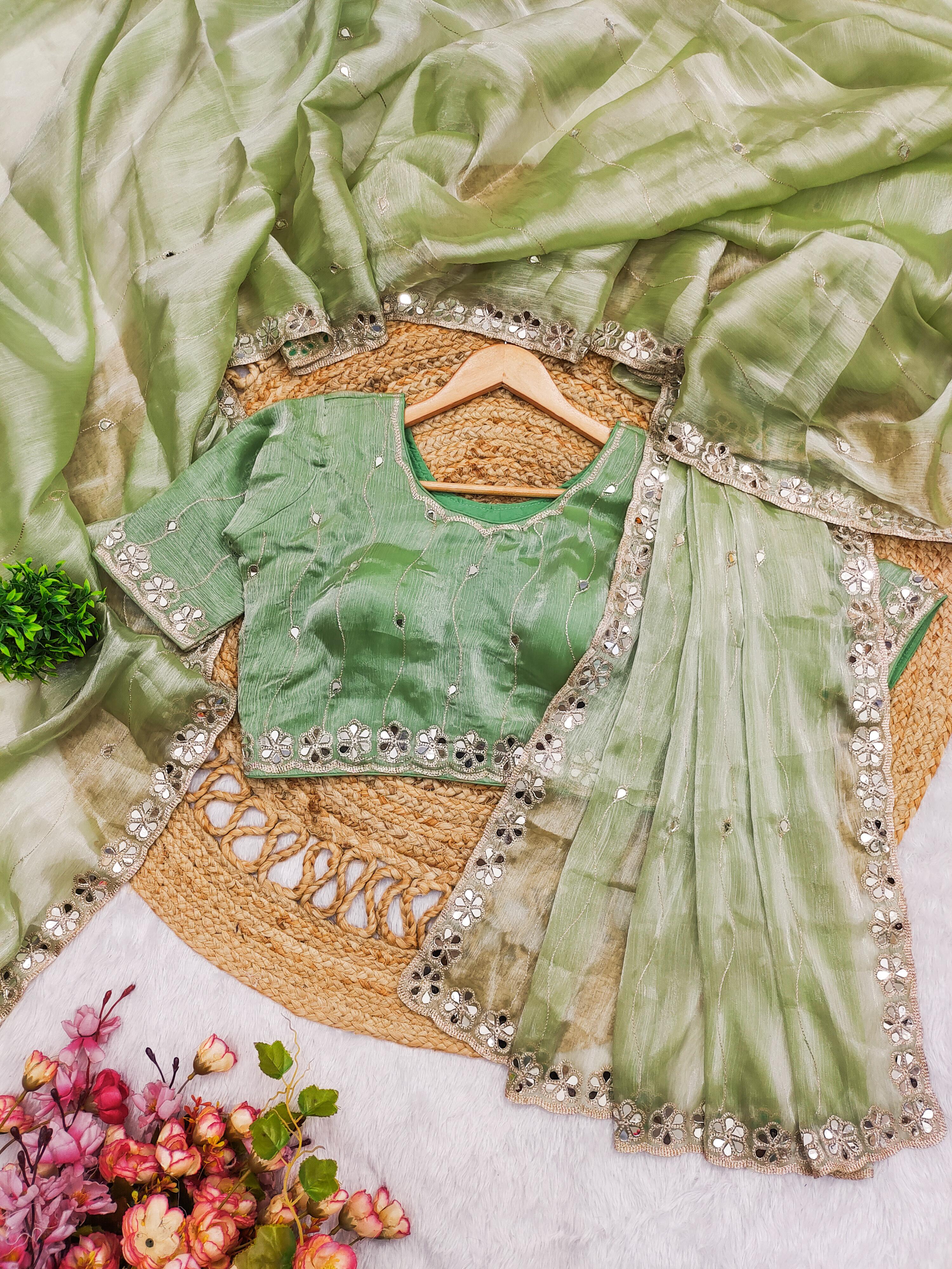 Light Green Saree with Mirror Work Border and Embellished Blouse