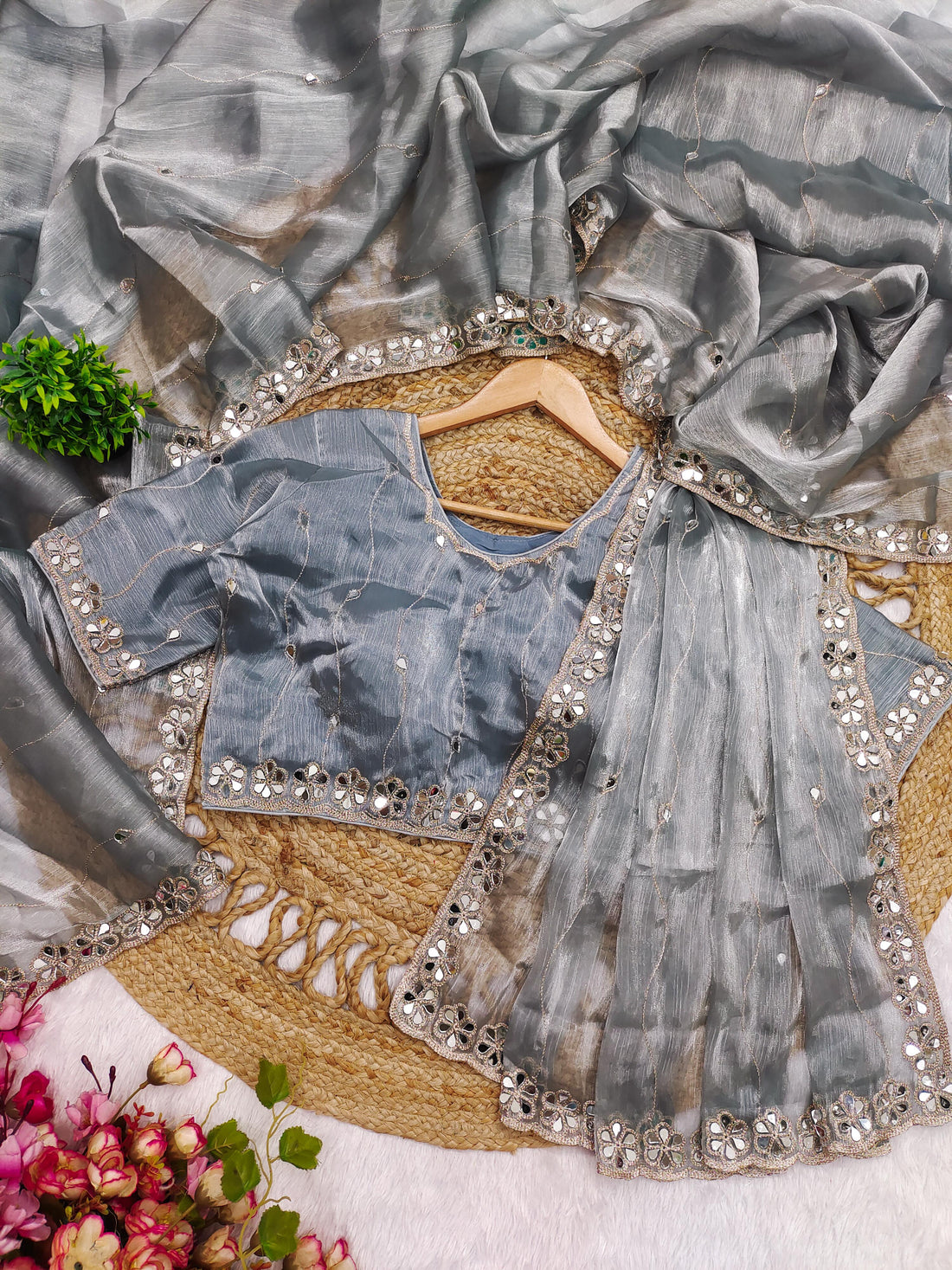 Silver Saree with Mirror Work Border and Embellished Blouse