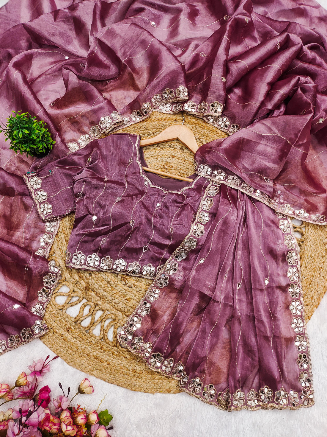 Lavender Satin Saree with Mirror Work Border and Embellished Blouse