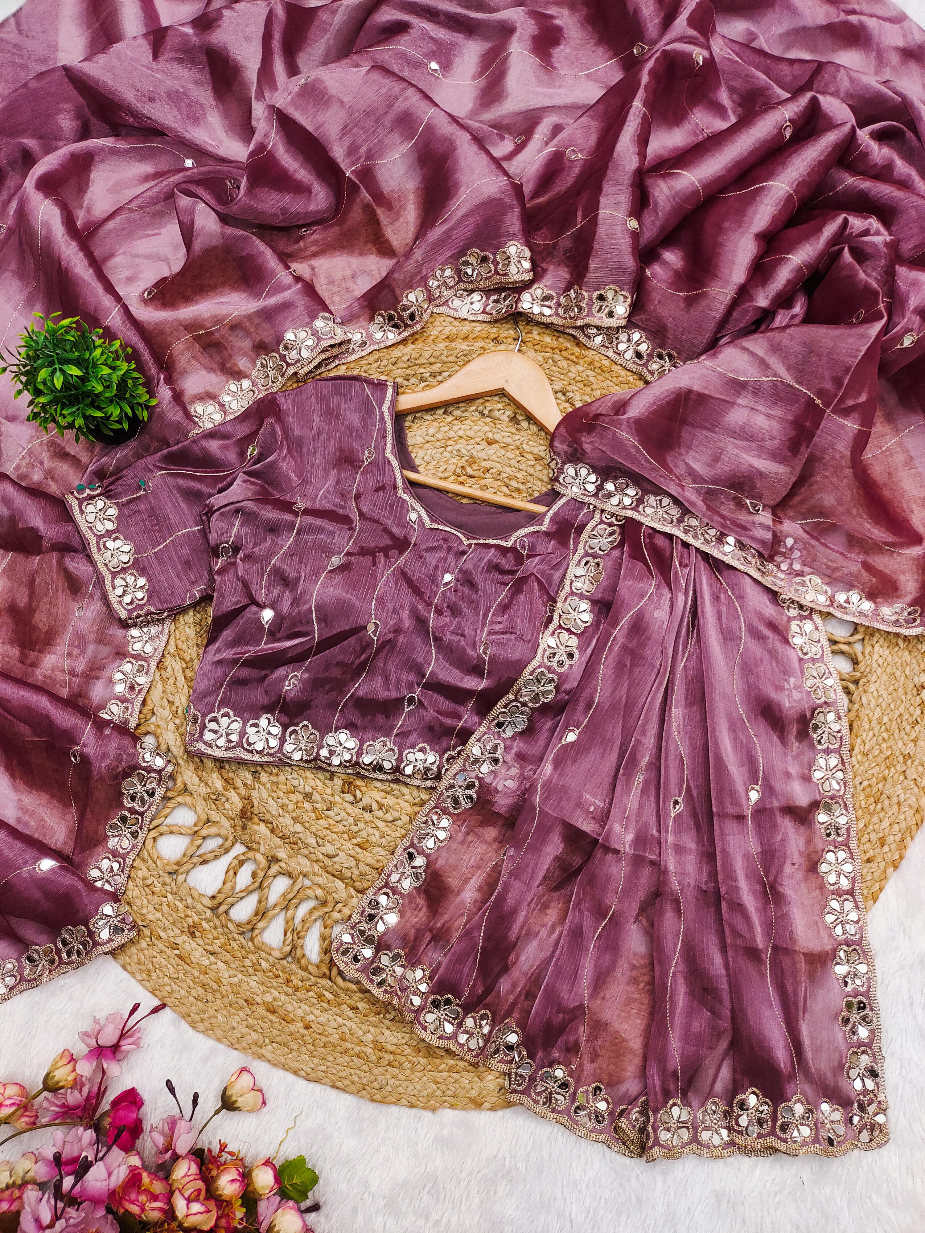 Lavender Satin Saree with Mirror Work Border and Embellished Blouse