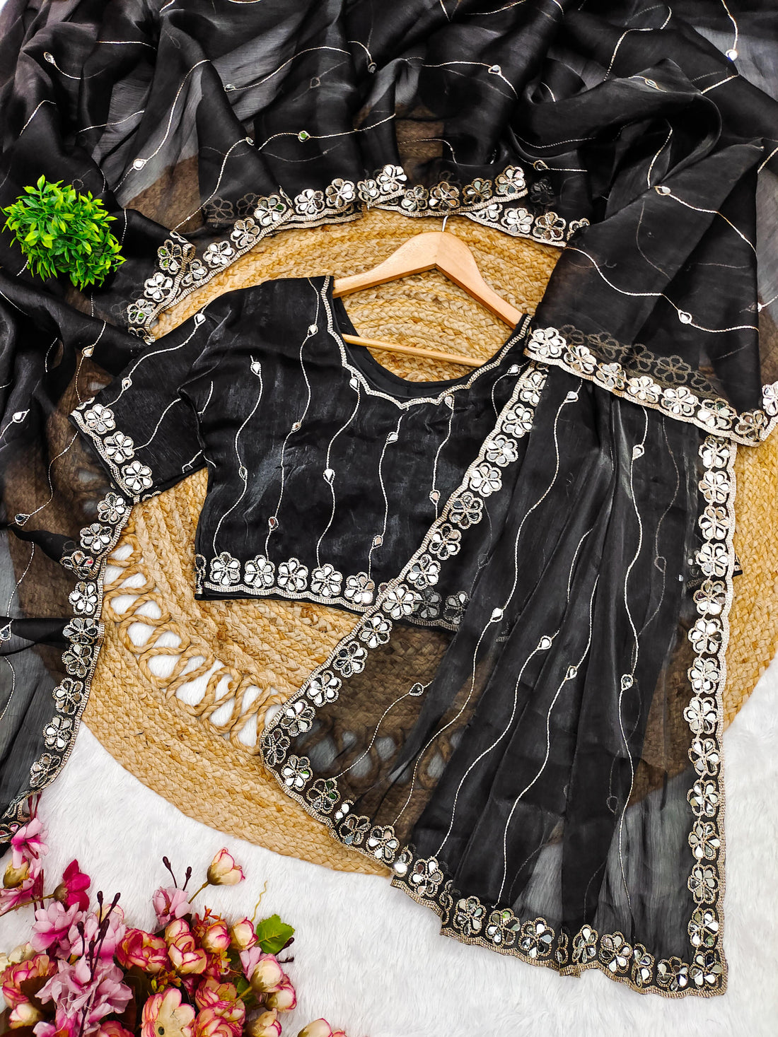 Black Saree with Mirror Work Border and Embellished Blouse