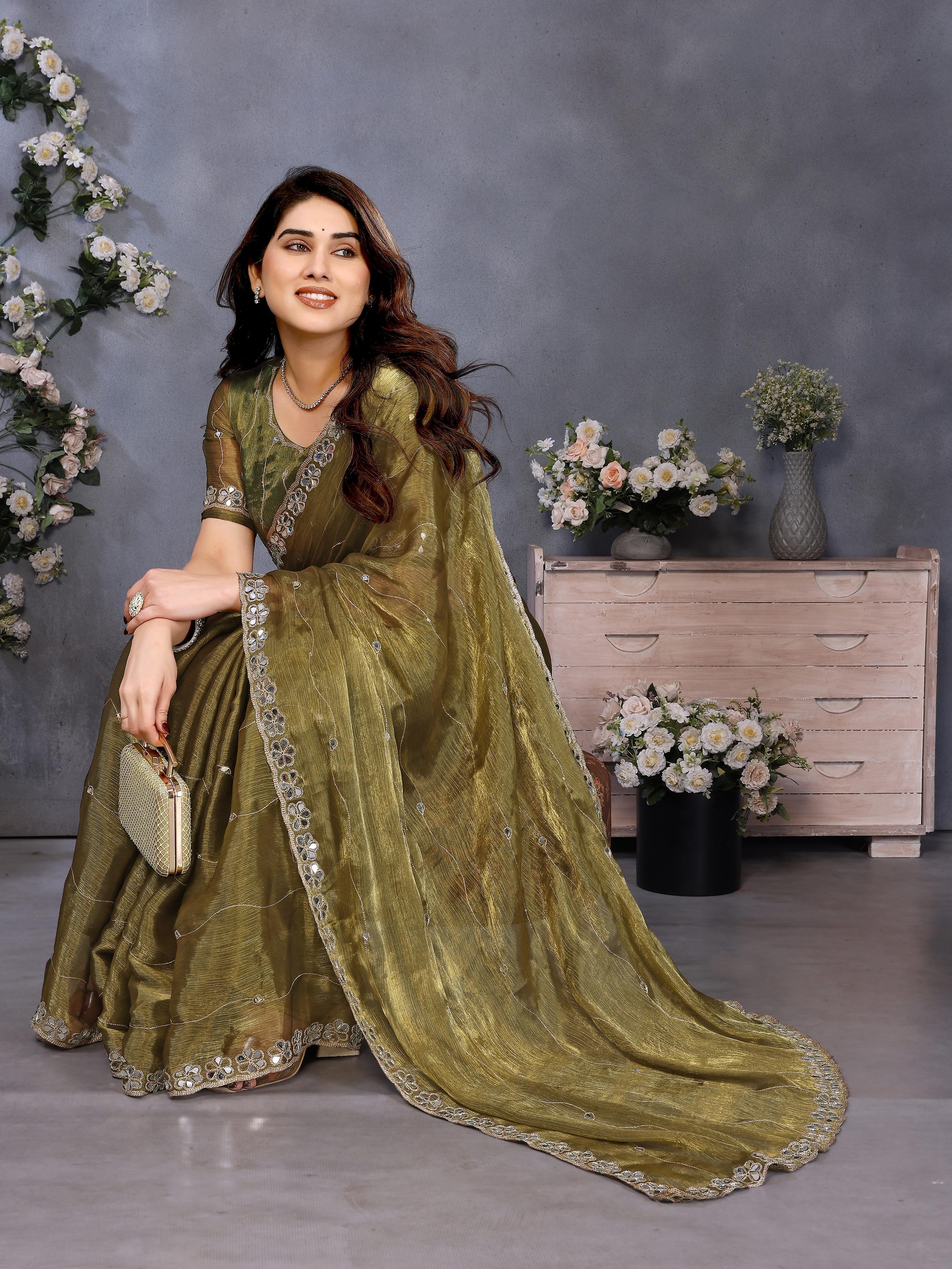 Green Saree with Mirror Work Border and Embellished Blouse