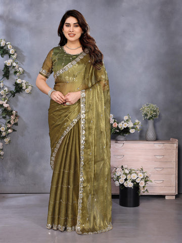 Green Saree with Mirror Work Border and Embellished Blouse