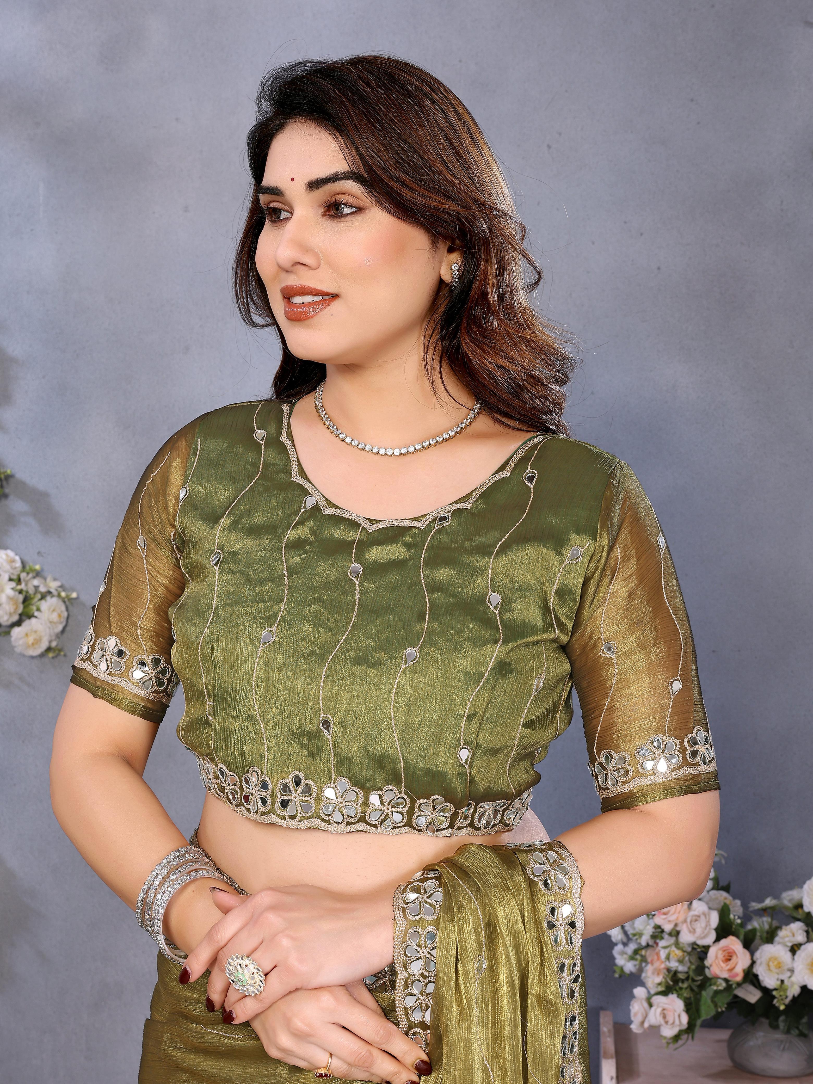 Green Saree with Mirror Work Border and Embellished Blouse