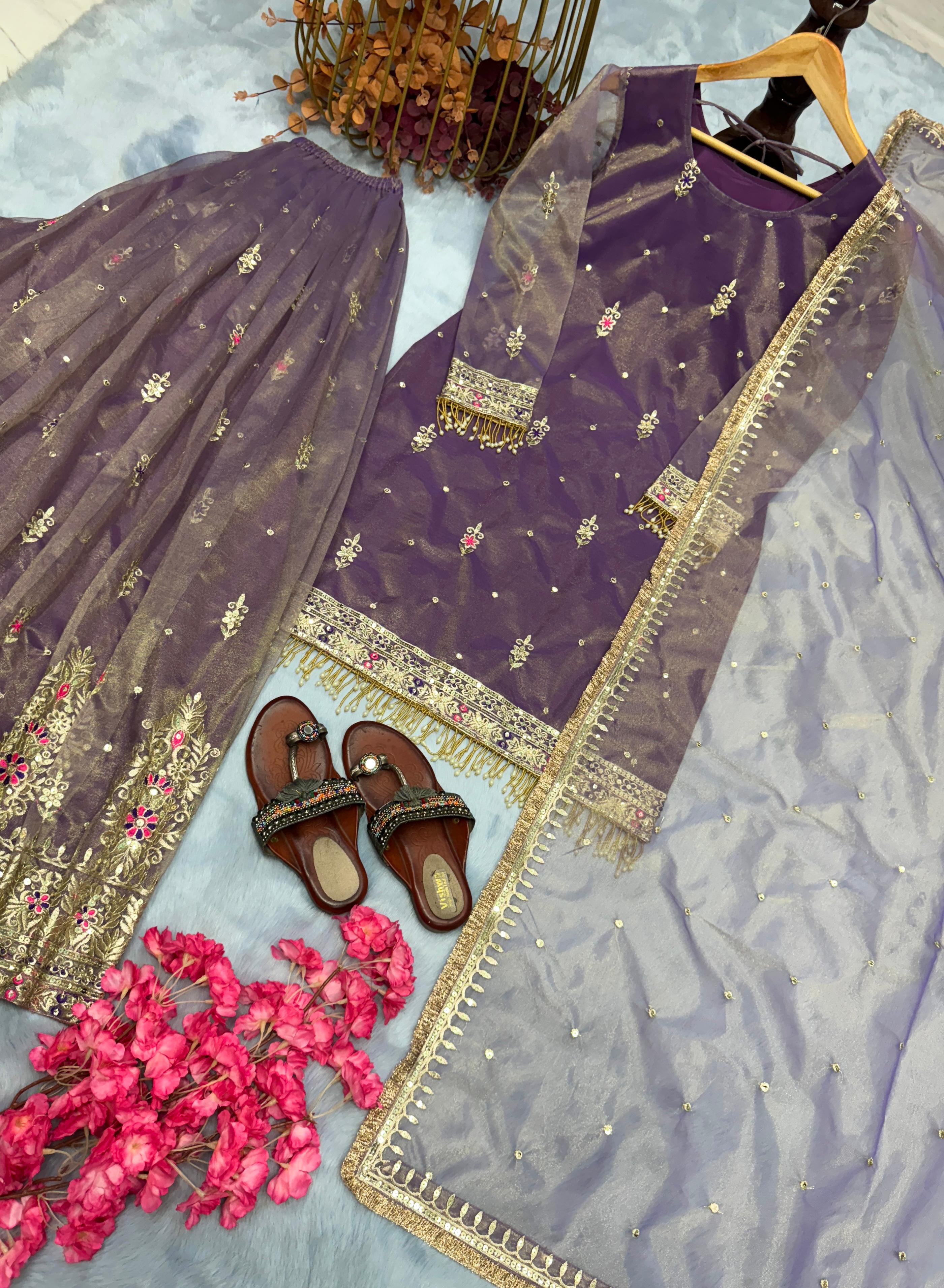 Purple Embroidered Palazzo Suit with Zari and Sequin Detailing