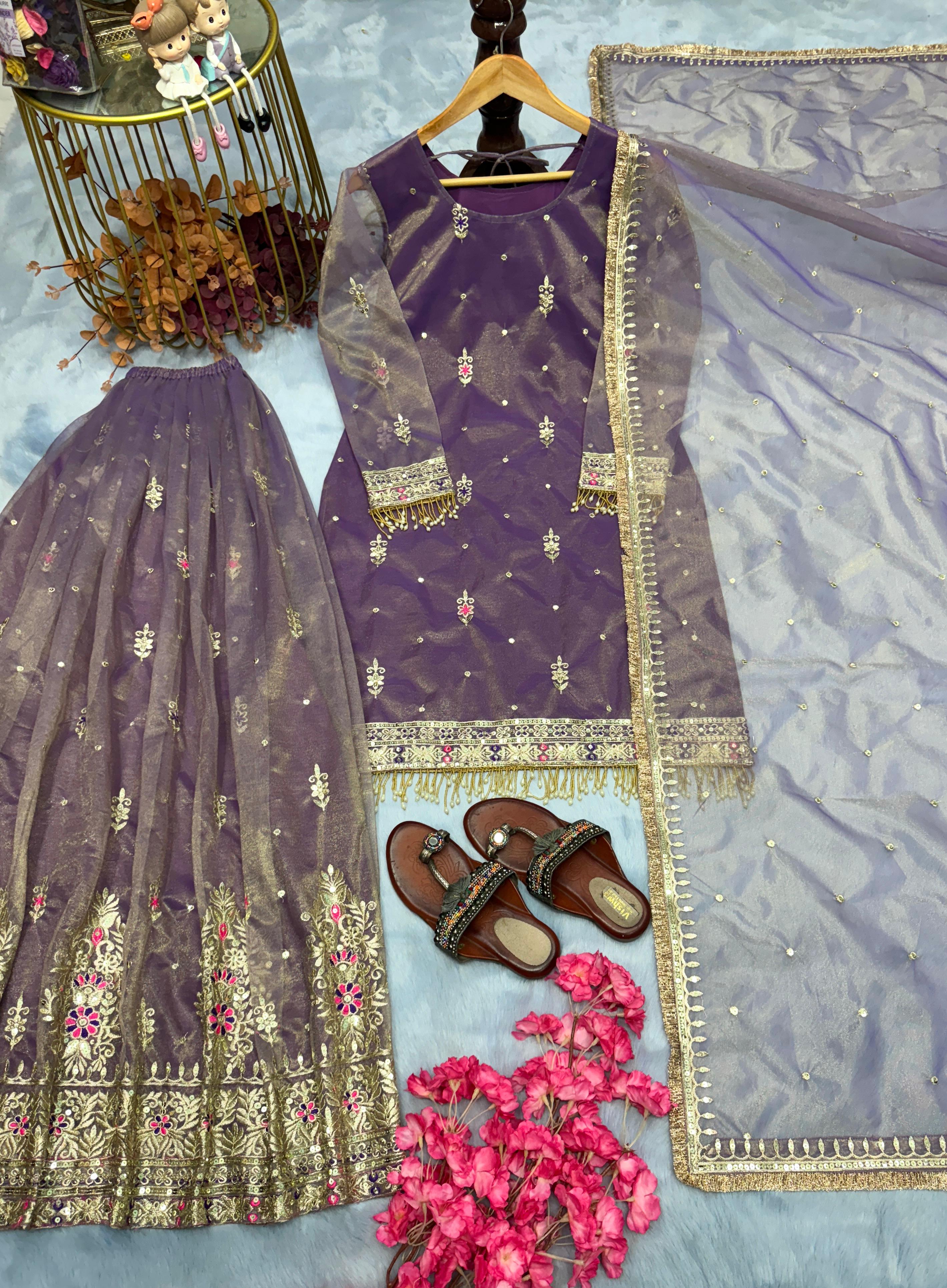 Purple Embroidered Palazzo Suit with Zari and Sequin Detailing