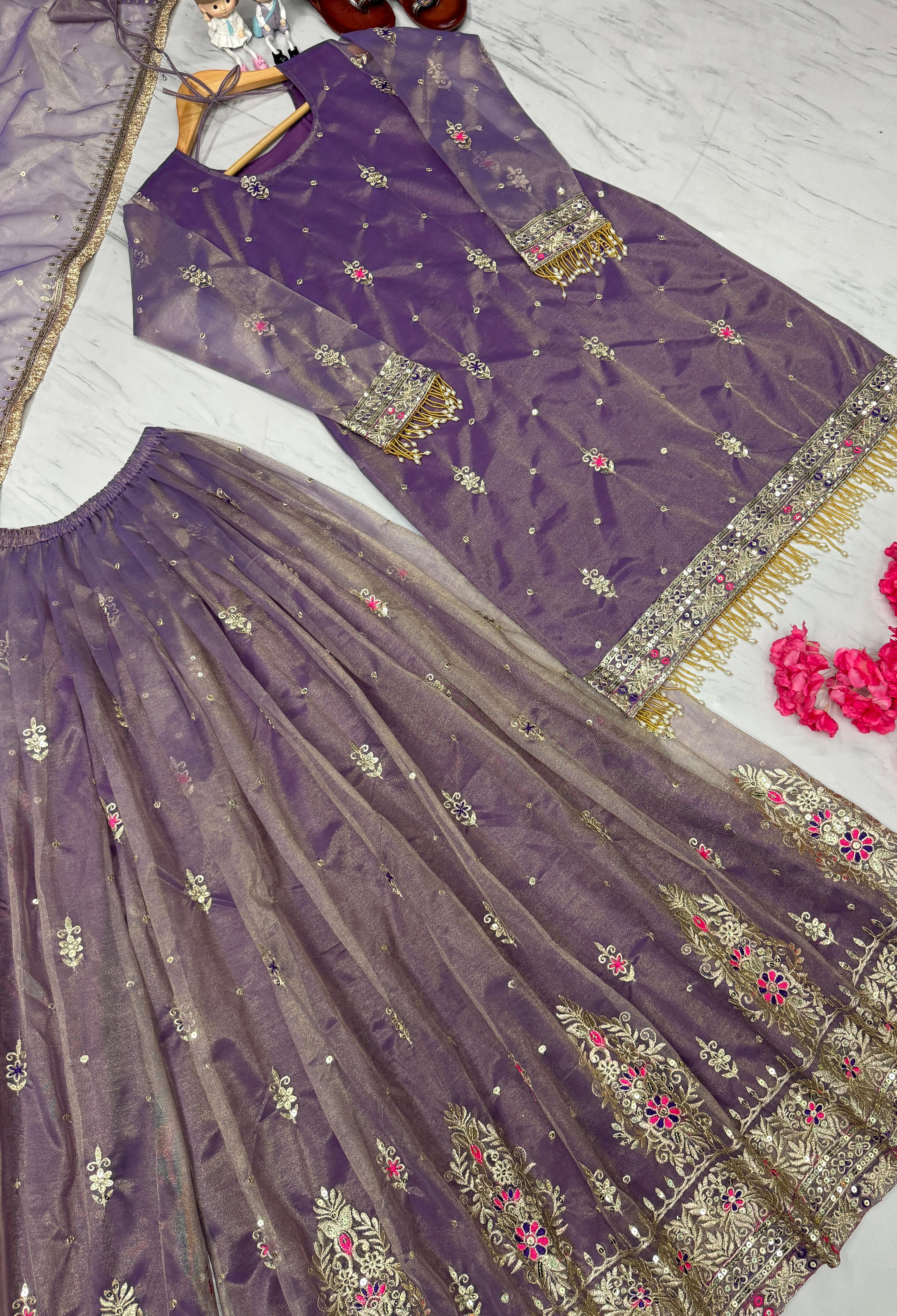 Purple Embroidered Palazzo Suit with Zari and Sequin Detailing