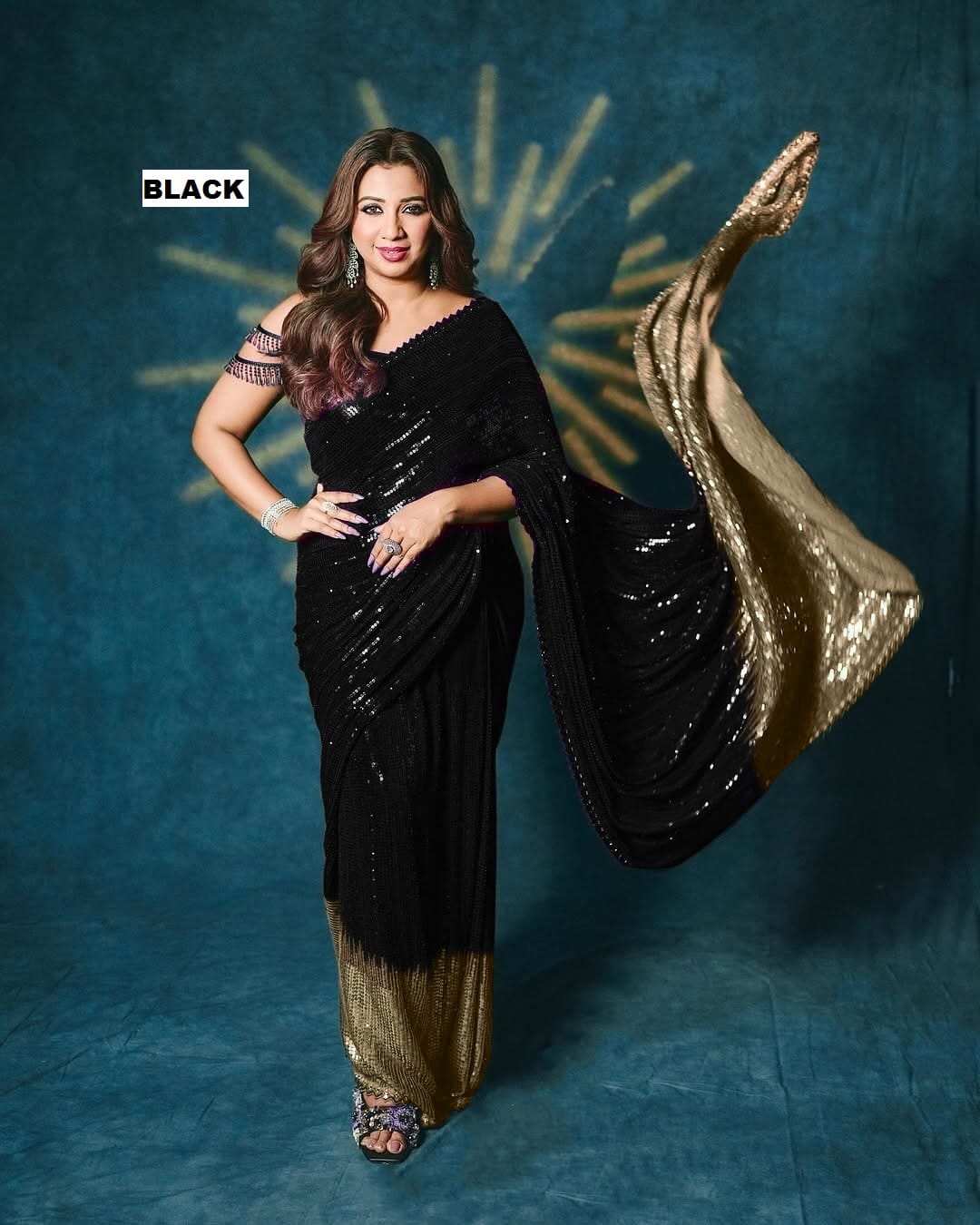Black Sequin Embellished Georgette Saree with Golden Ombre Border