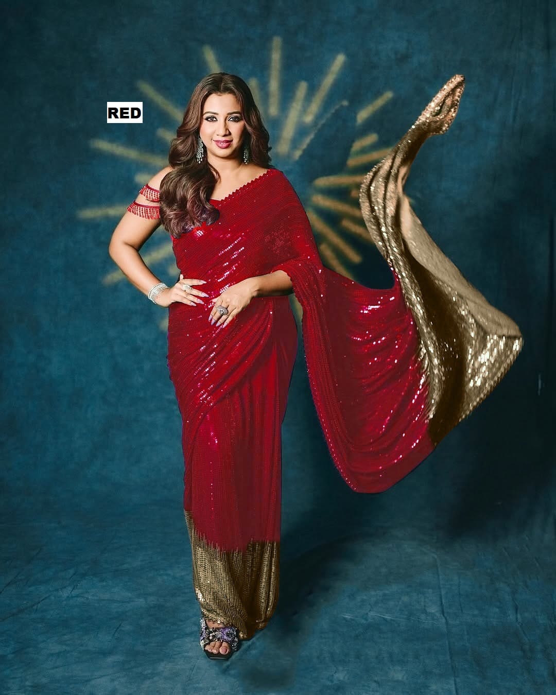 Red Sequin Embellished Georgette Saree with Golden Ombre Border