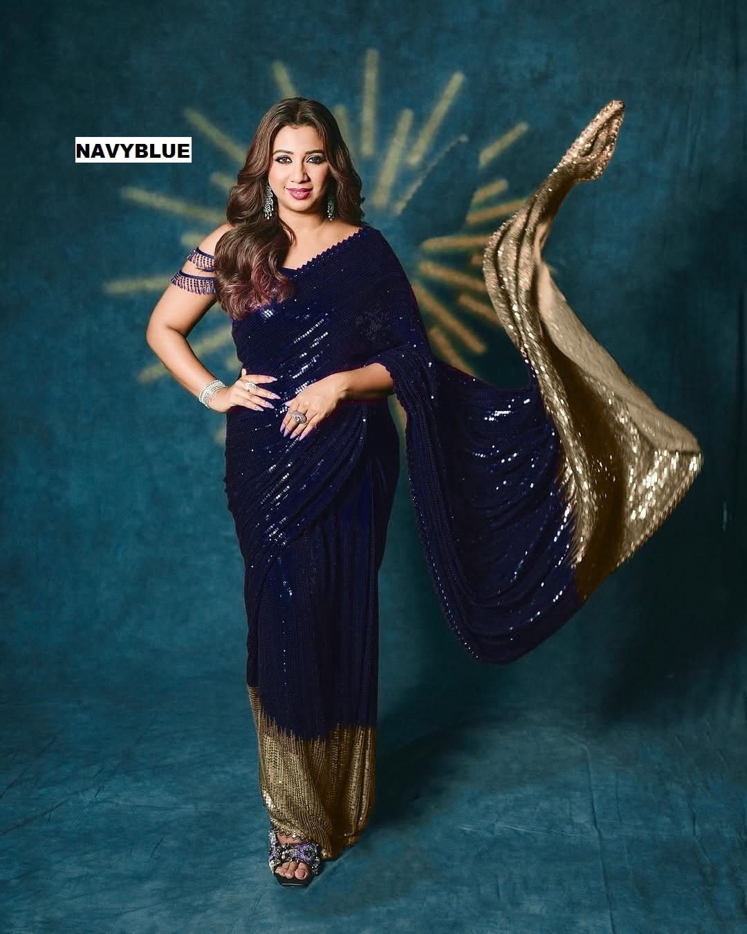 Blue Sequin Embellished Georgette Saree with Golden Ombre Border