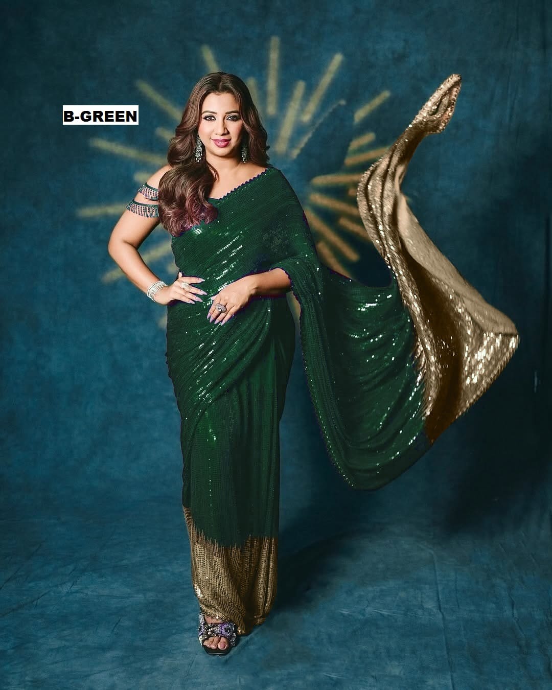 Green Sequin Embellished Georgette Saree with Golden Ombre Border