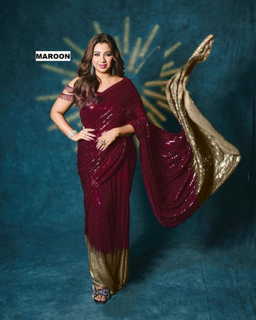 Maroon Sequin Embellished Georgette Saree with Golden Ombre Border