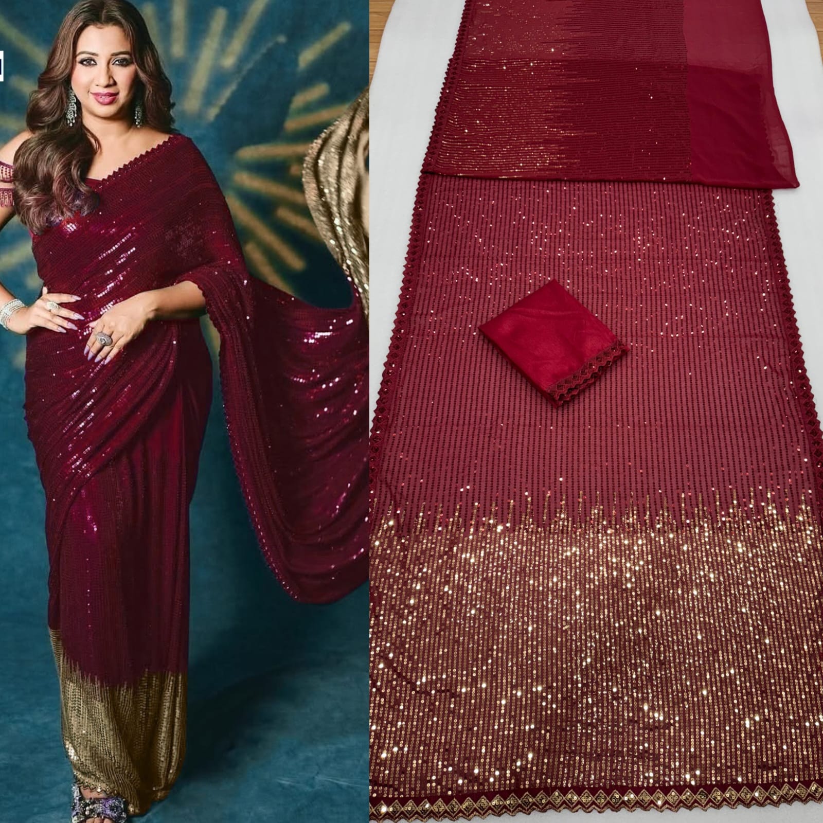 Red Sequin Embellished Georgette Saree with Golden Ombre Border