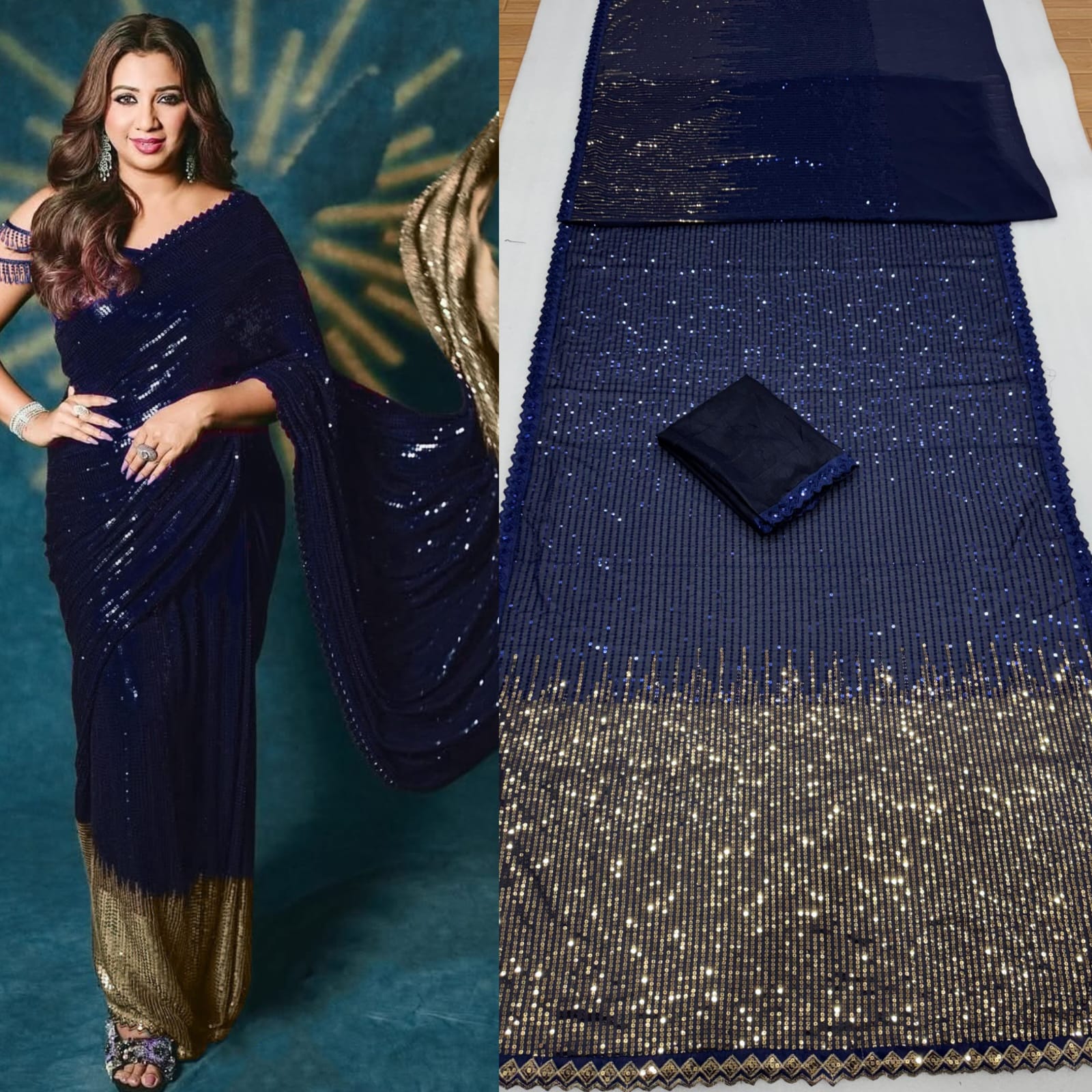 Blue Sequin Embellished Georgette Saree with Golden Ombre Border