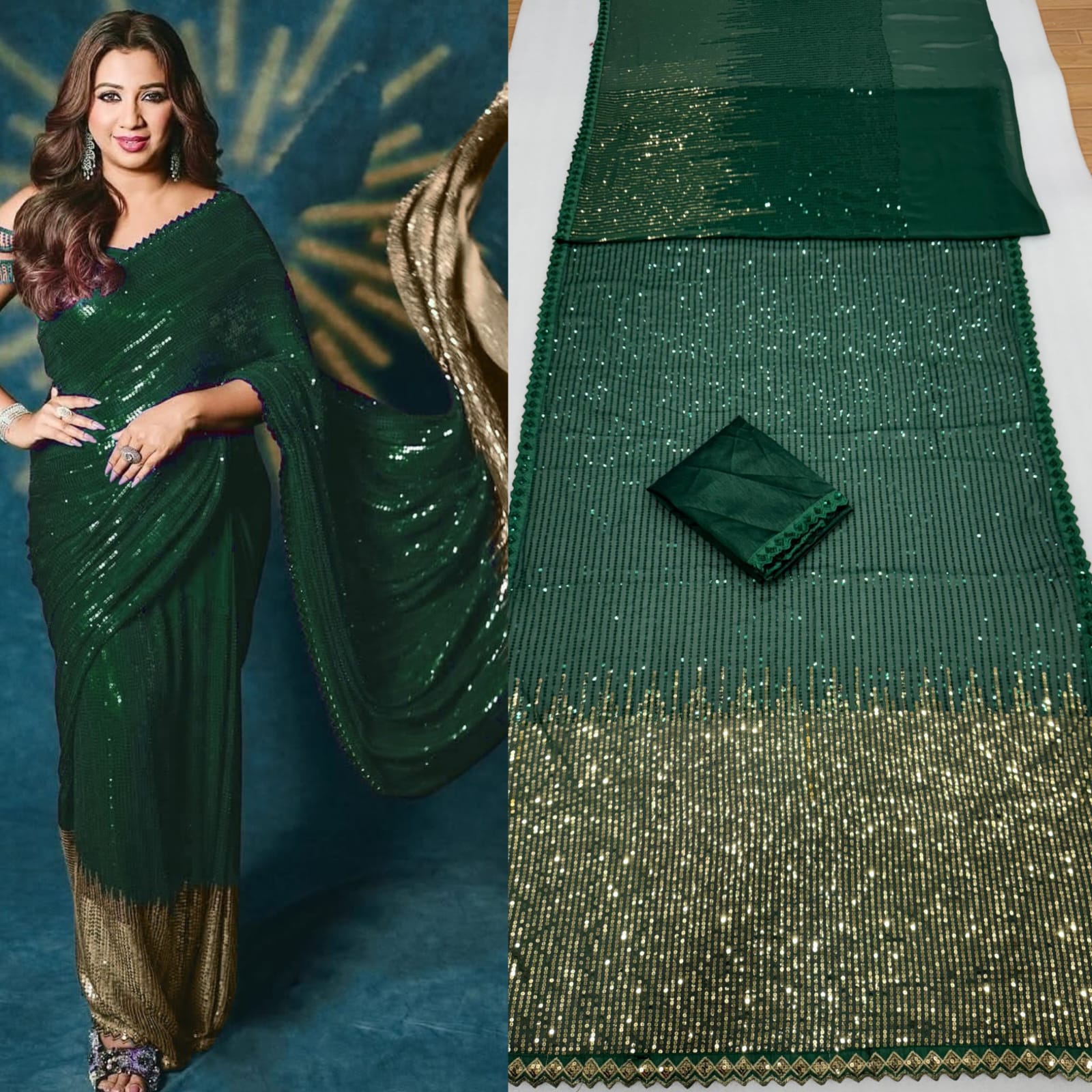 Green Sequin Embellished Georgette Saree with Golden Ombre Border