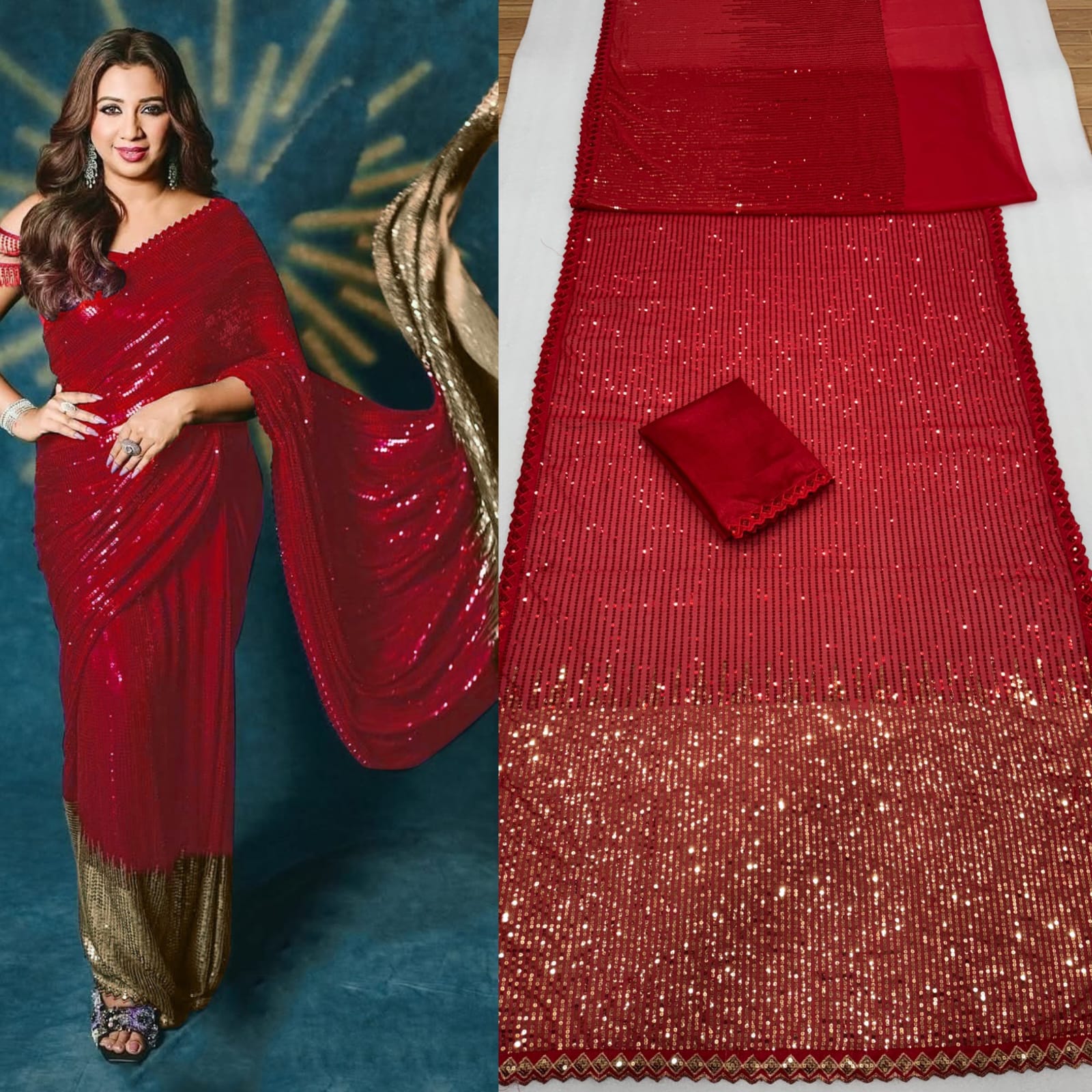 Red Sequin Embellished Georgette Saree with Golden Ombre Border