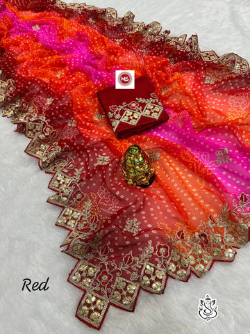 Red Bandhani Georgette Saree with Heavy Zari and Mirror Work Border