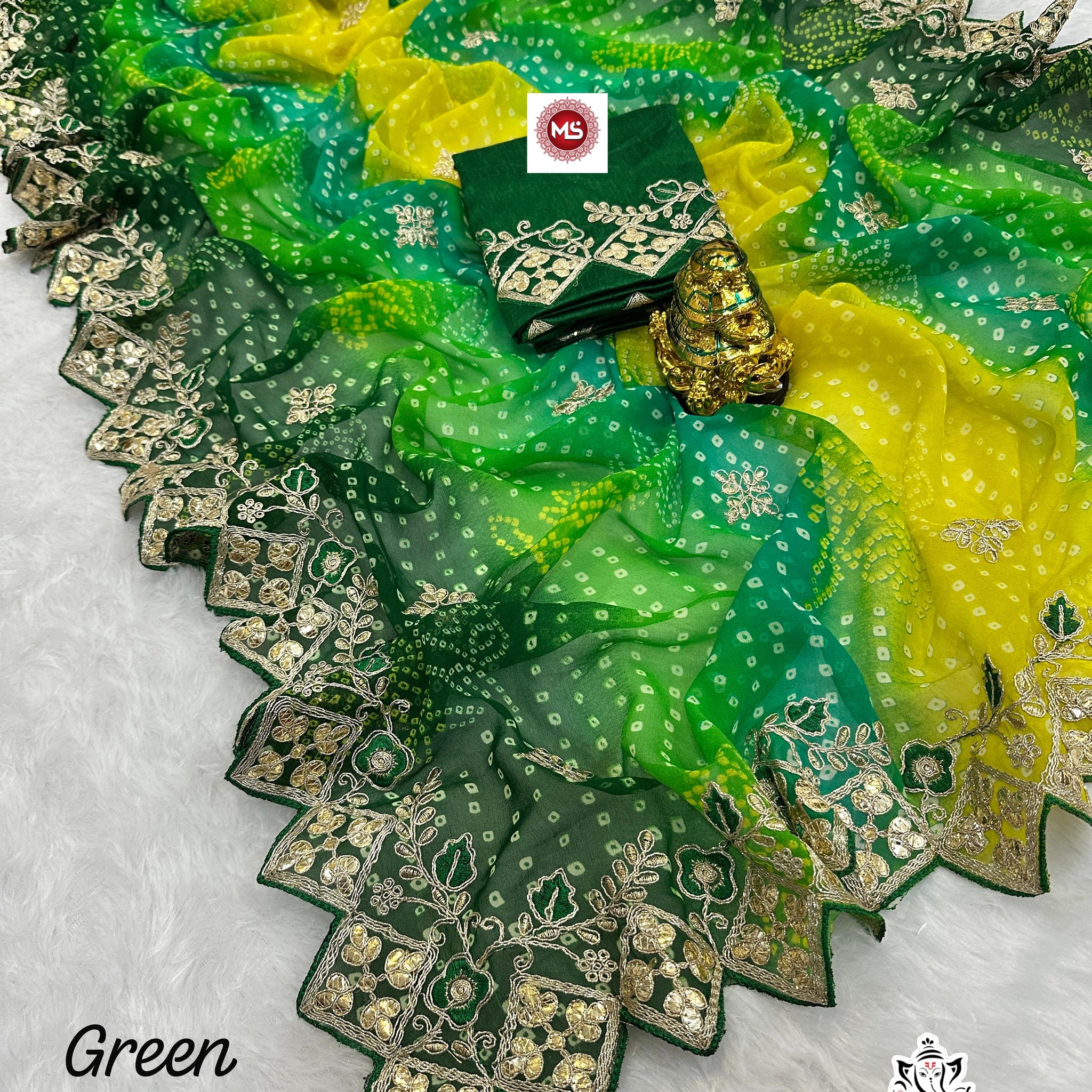 Green Bandhani Georgette Saree with Heavy Zari and Mirror Work Border