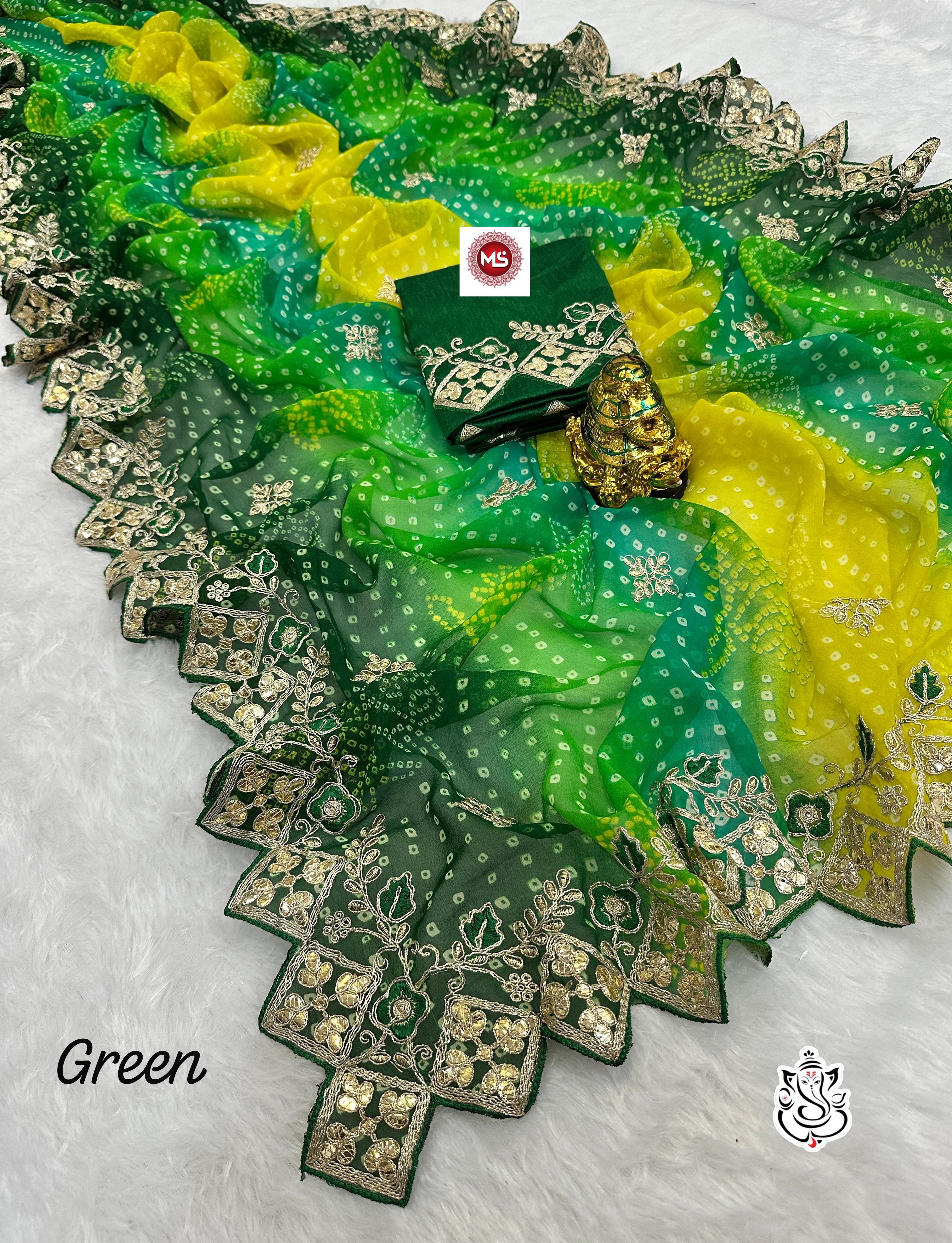 Green Bandhani Georgette Saree with Heavy Zari and Mirror Work Border