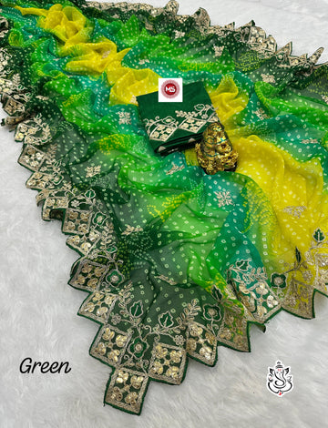 Green Bandhani Georgette Saree with Heavy Zari and Mirror Work Border