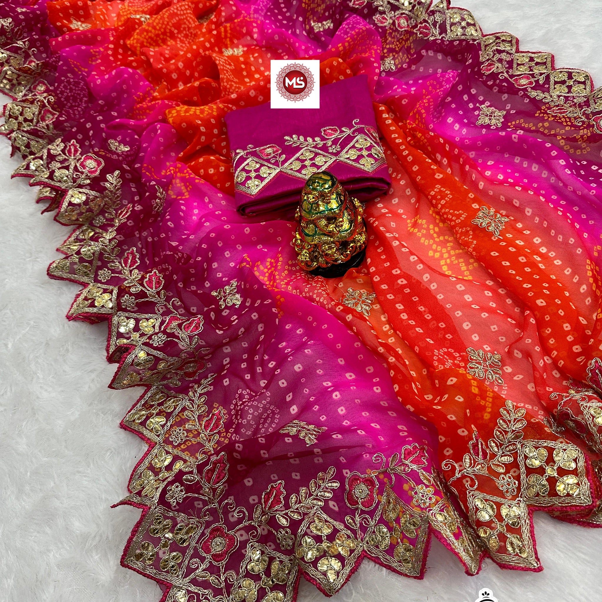 Rani Pink Bandhani Georgette Saree with Heavy Zari and Mirror Work Border