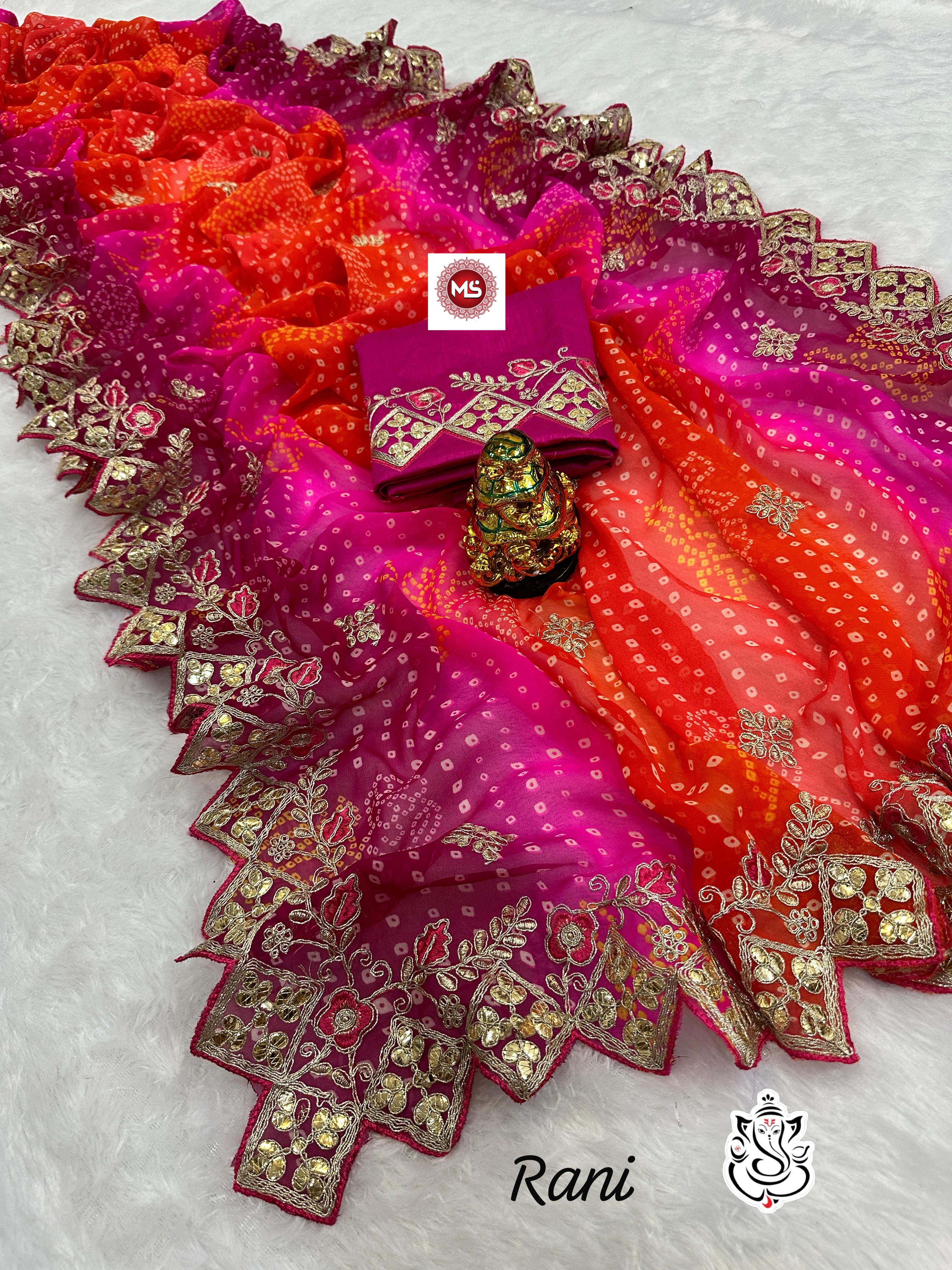 Rani Pink Bandhani Georgette Saree with Heavy Zari and Mirror Work Border