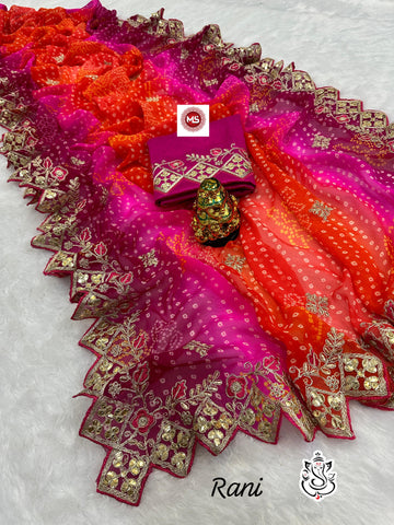 Rani Pink Bandhani Georgette Saree with Heavy Zari and Mirror Work Border