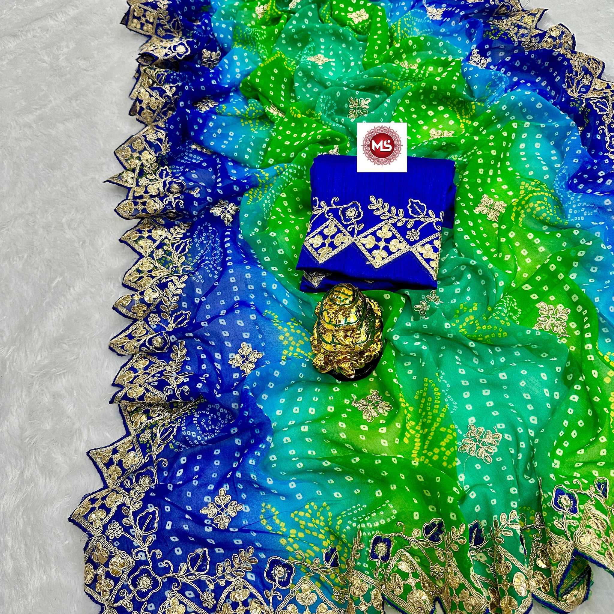 Blue Bandhani Georgette Saree with Heavy Zari and Mirror Work Border