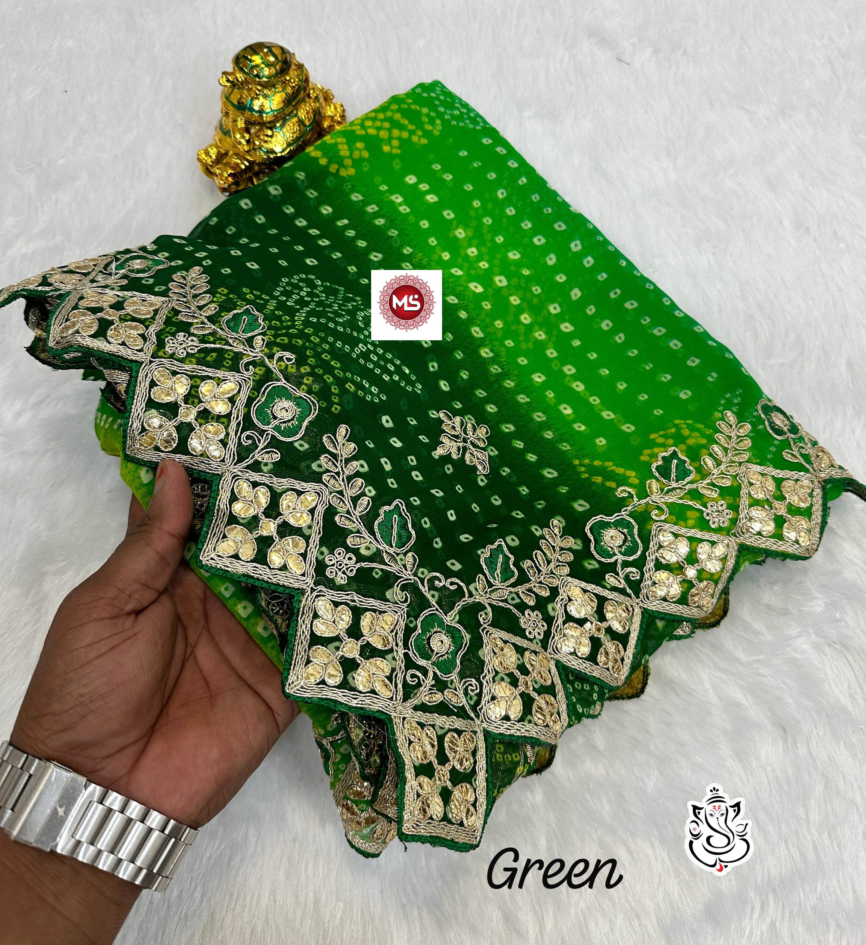 Green Bandhani Georgette Saree with Heavy Zari and Mirror Work Border