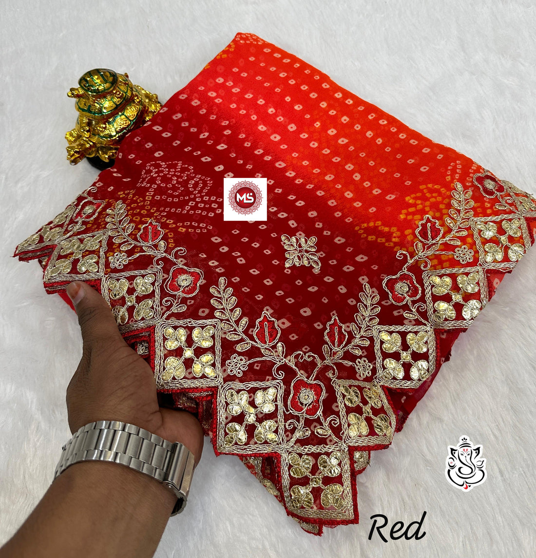 Red Bandhani Georgette Saree with Heavy Zari and Mirror Work Border
