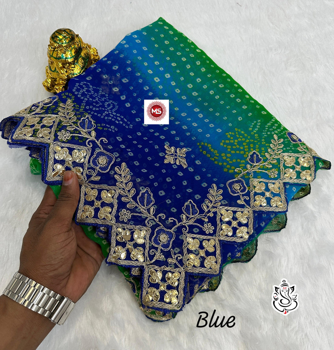 Blue Bandhani Georgette Saree with Heavy Zari and Mirror Work Border