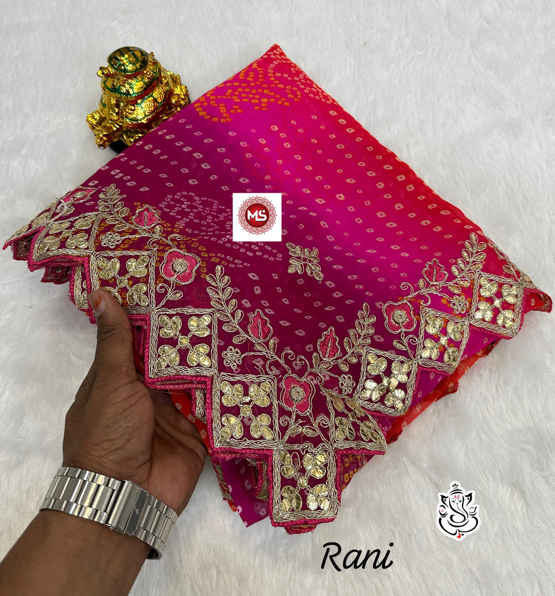 Rani Pink Bandhani Georgette Saree with Heavy Zari and Mirror Work Border