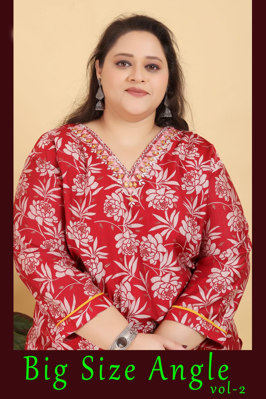 Red Floral Printed Cotton Salwar Suit with Mirror Work Neck