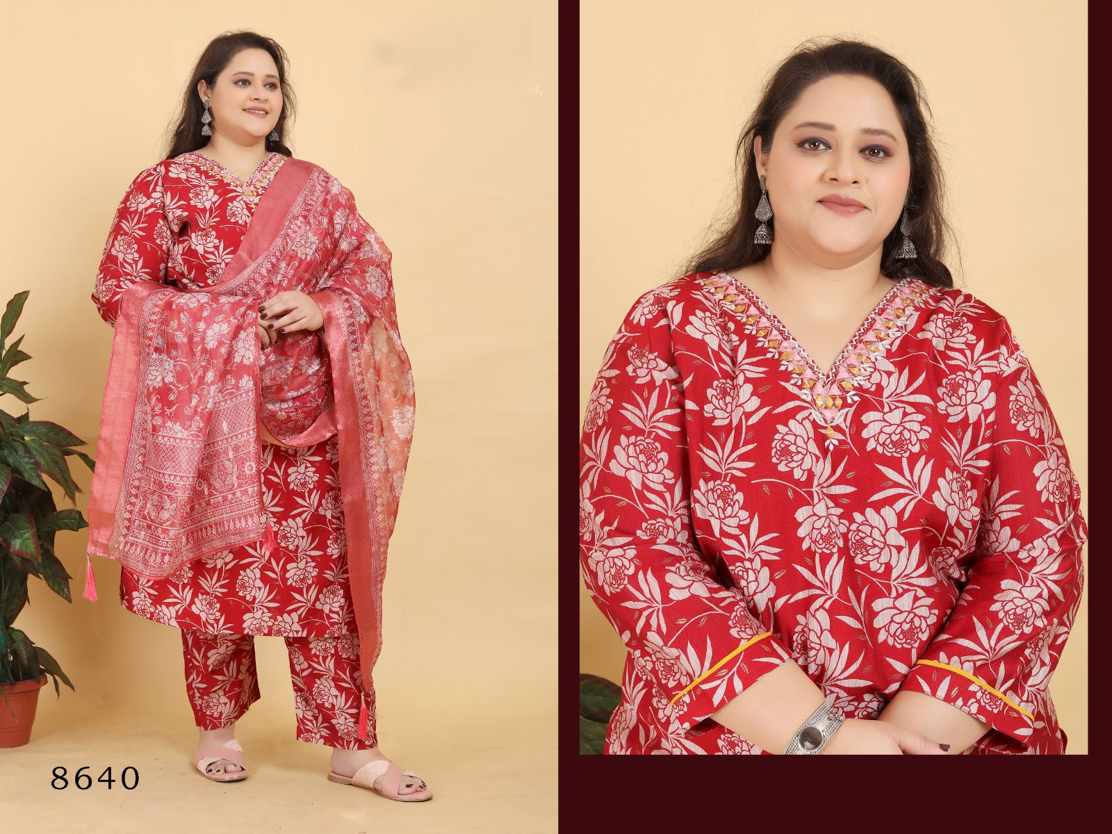 Red Floral Printed Cotton Salwar Suit with Mirror Work Neck