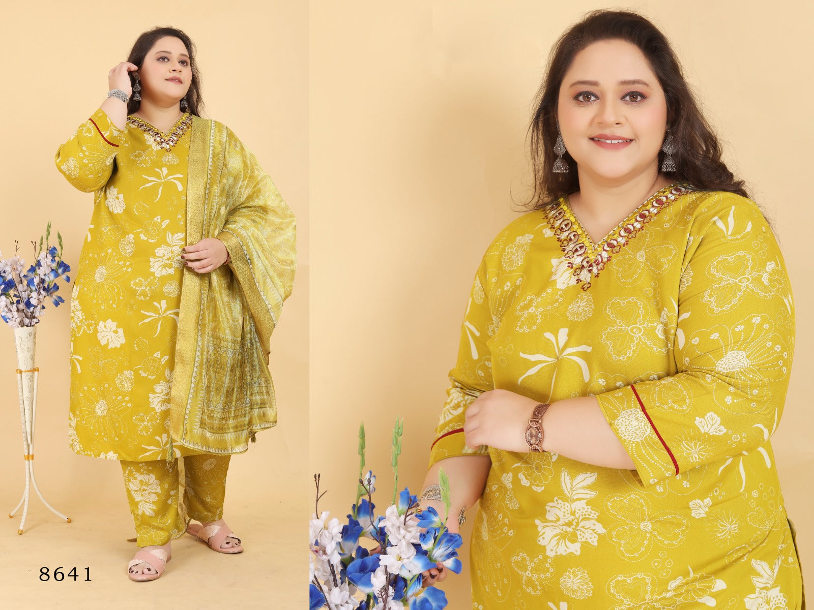 Yellow Floral Printed Cotton Salwar Suit with Mirror Work Neck