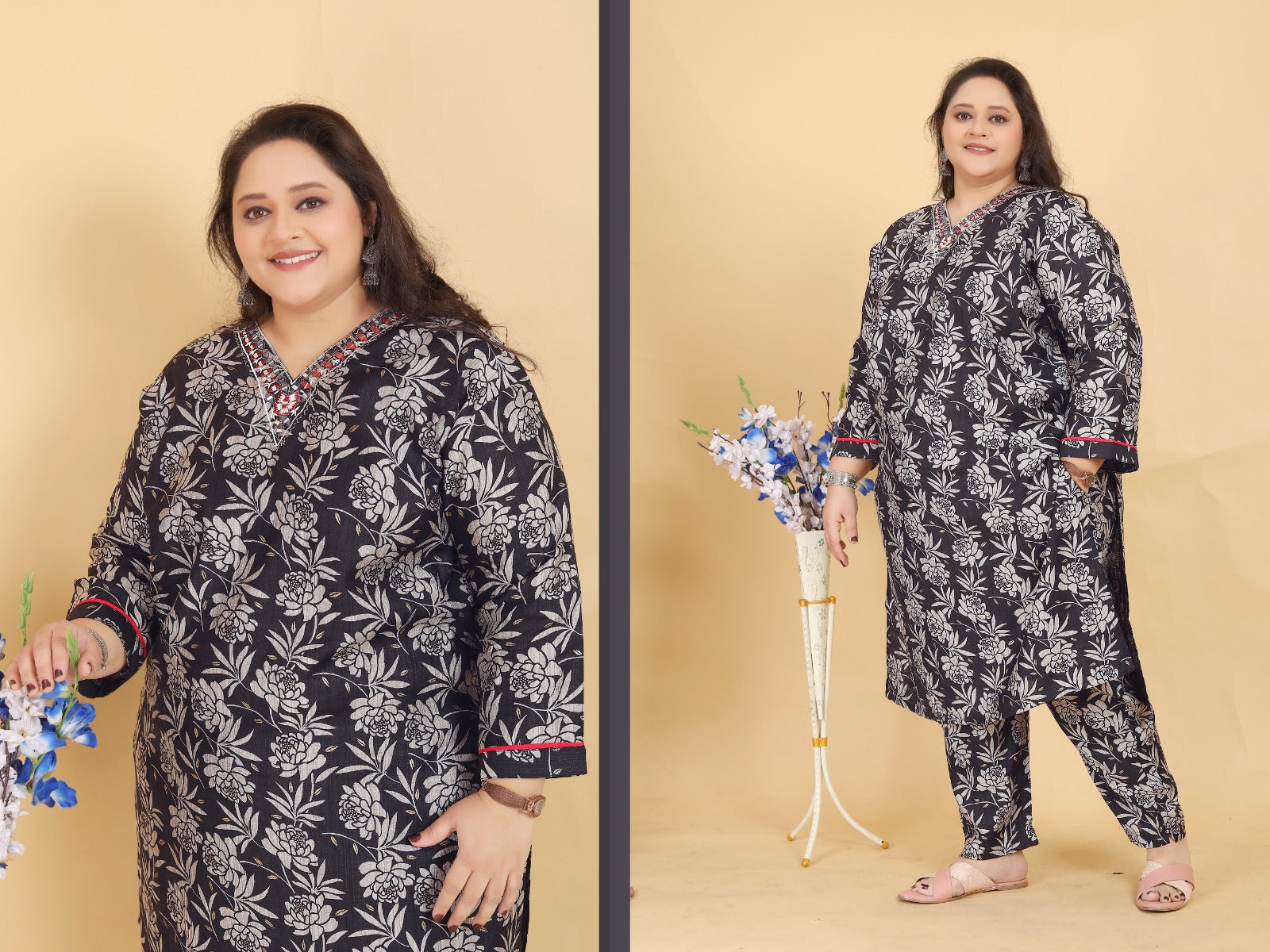 Black Floral Printed Cotton Salwar Suit with Mirror Work Neck