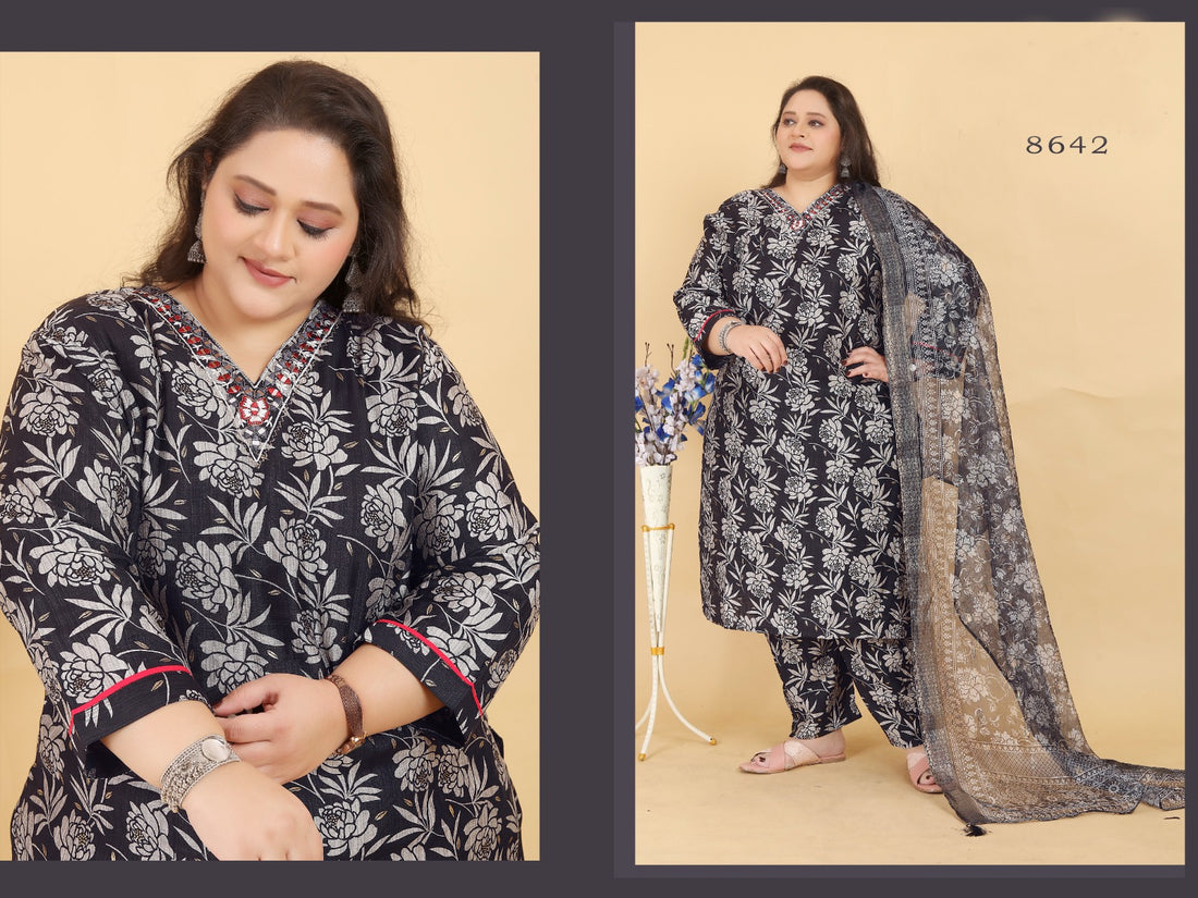 Black Floral Printed Cotton Salwar Suit with Mirror Work Neck