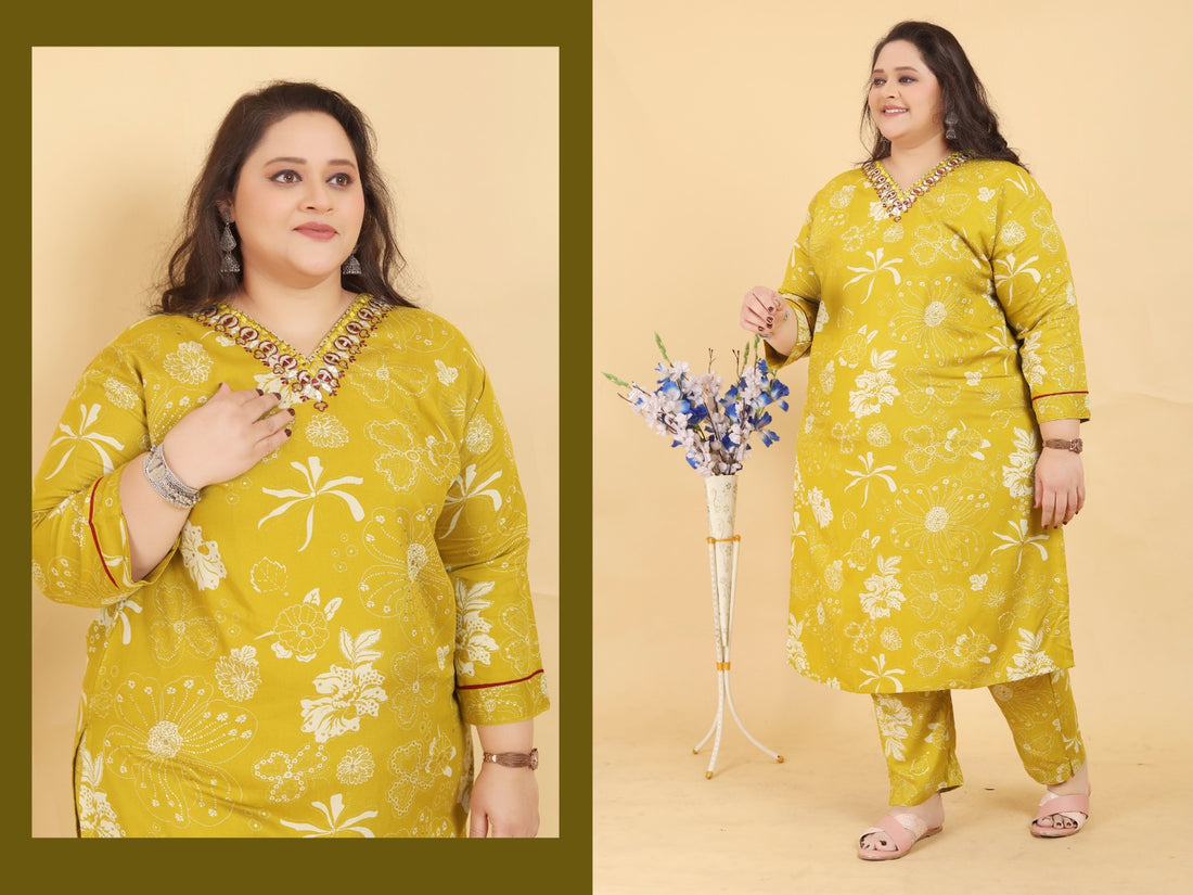 Yellow Floral Printed Cotton Salwar Suit with Mirror Work Neck