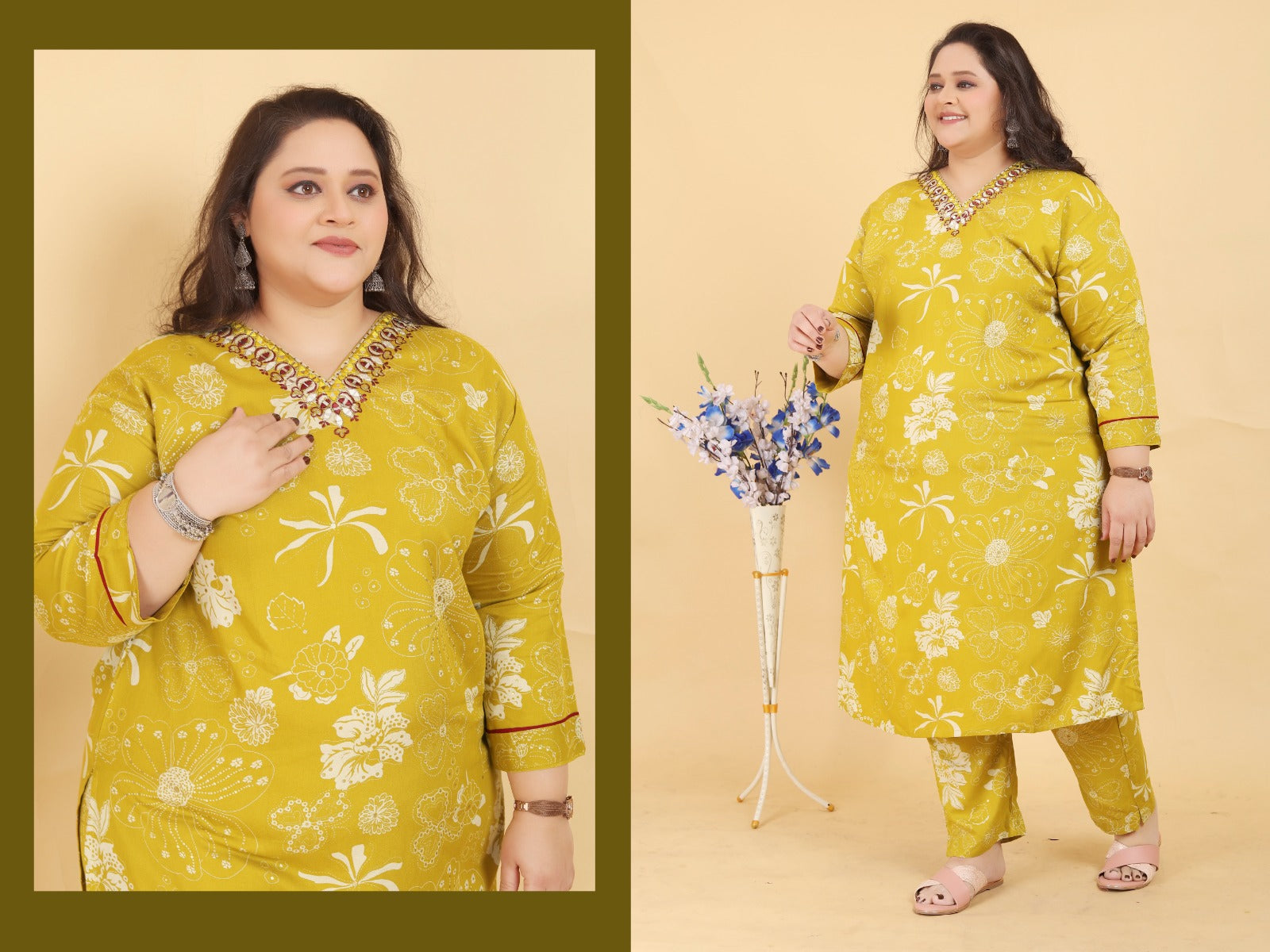 Yellow Floral Printed Cotton Salwar Suit with Mirror Work Neck