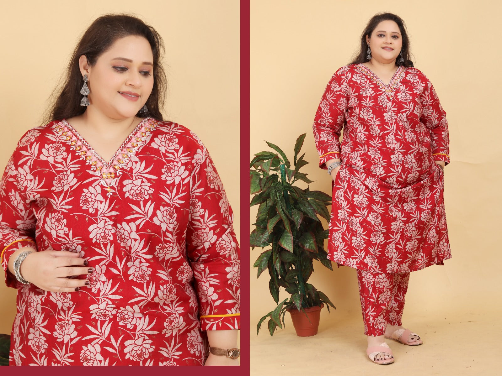 Red Floral Printed Cotton Salwar Suit with Mirror Work Neck