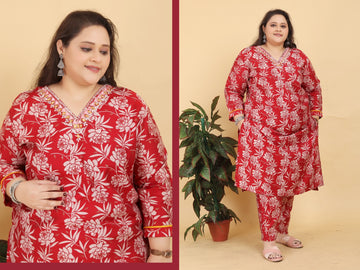 Red Floral Printed Cotton Salwar Suit with Mirror Work Neck
