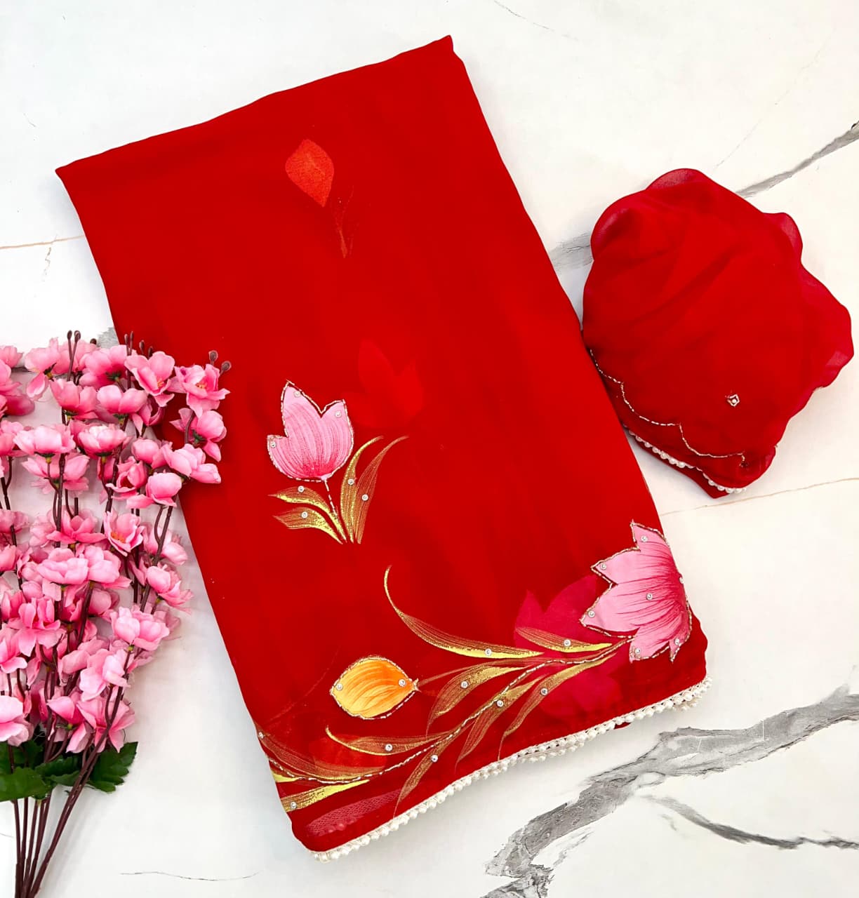 Red Organza Handpainted Floral Saree with Pearl Borde