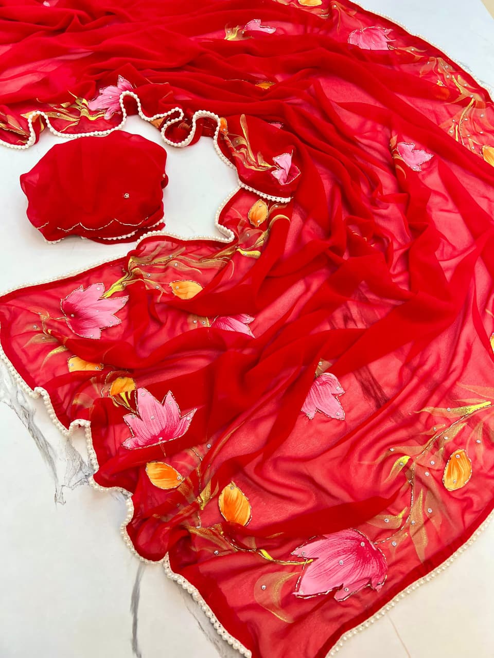 Red Organza Handpainted Floral Saree with Pearl Borde
