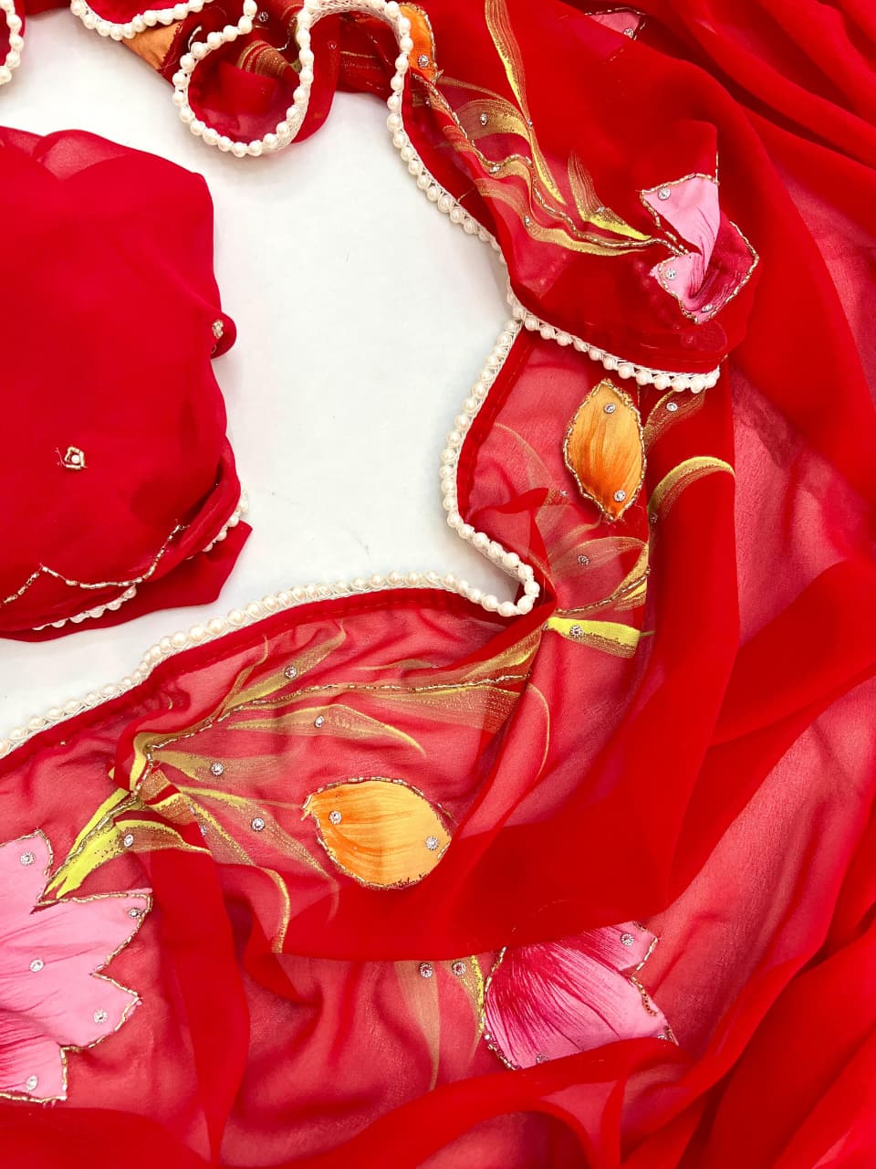 Red Organza Handpainted Floral Saree with Pearl Borde