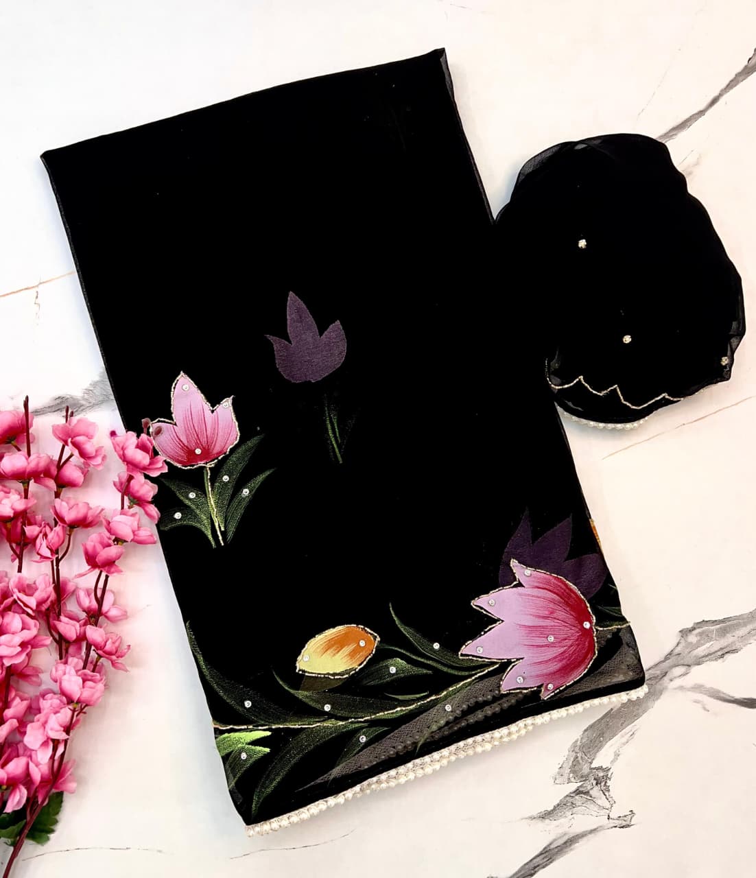 Black Organza Floral Handpainted Saree with Pearl Border