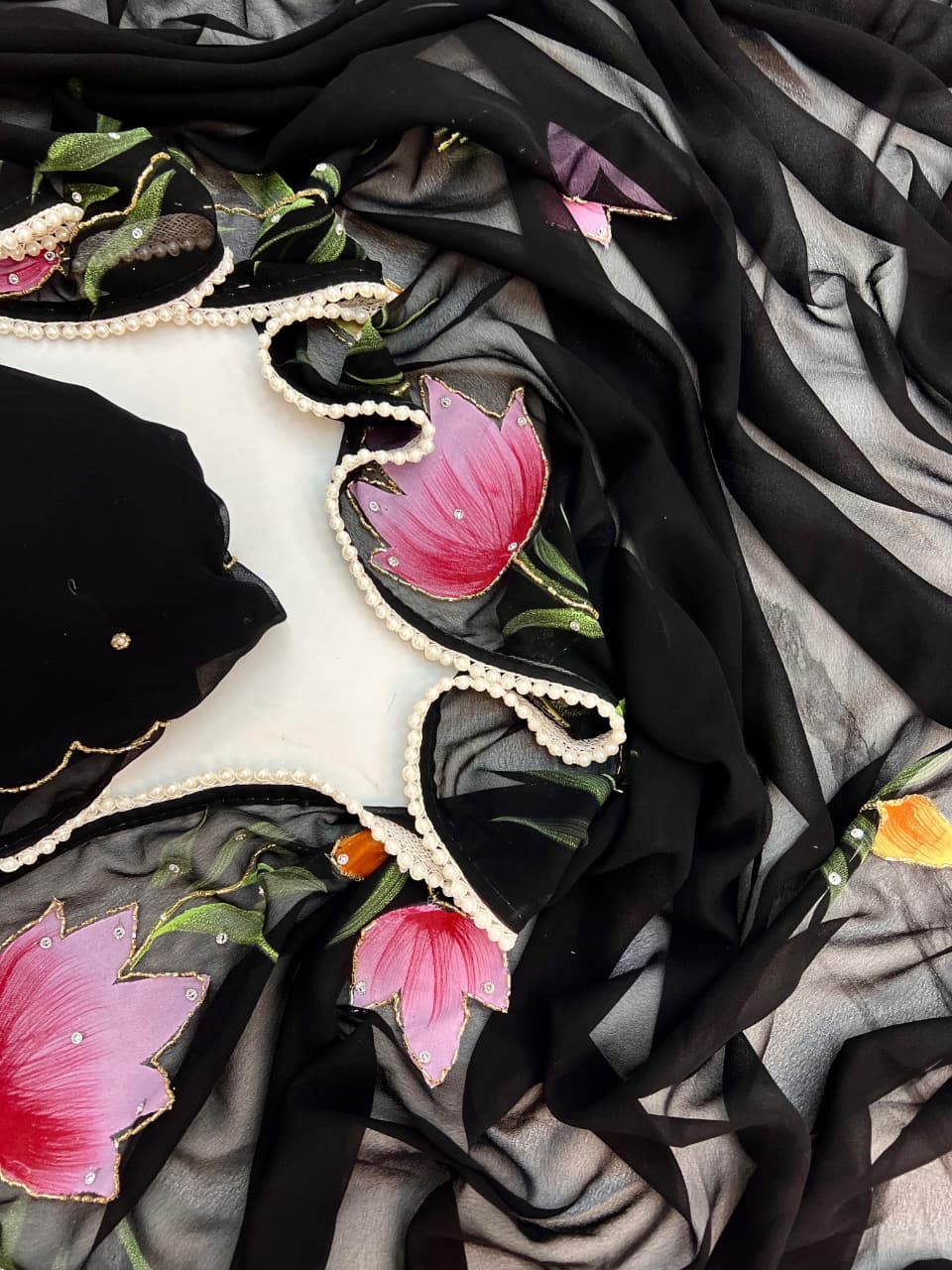 Black Organza Floral Handpainted Saree with Pearl Border