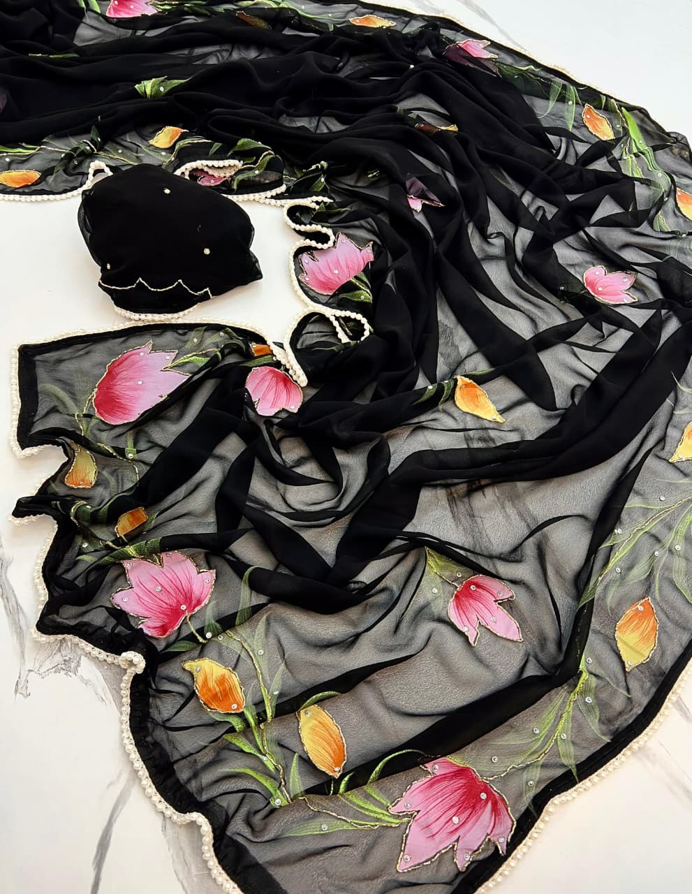 Black Organza Floral Handpainted Saree with Pearl Border