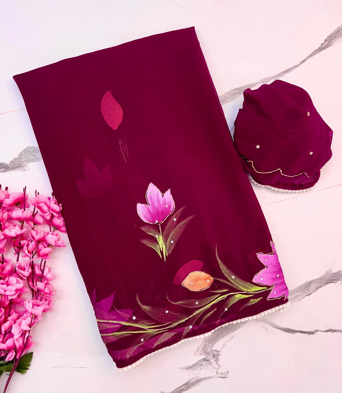 Purple Organza Handpainted Floral Saree with Pearl Borde