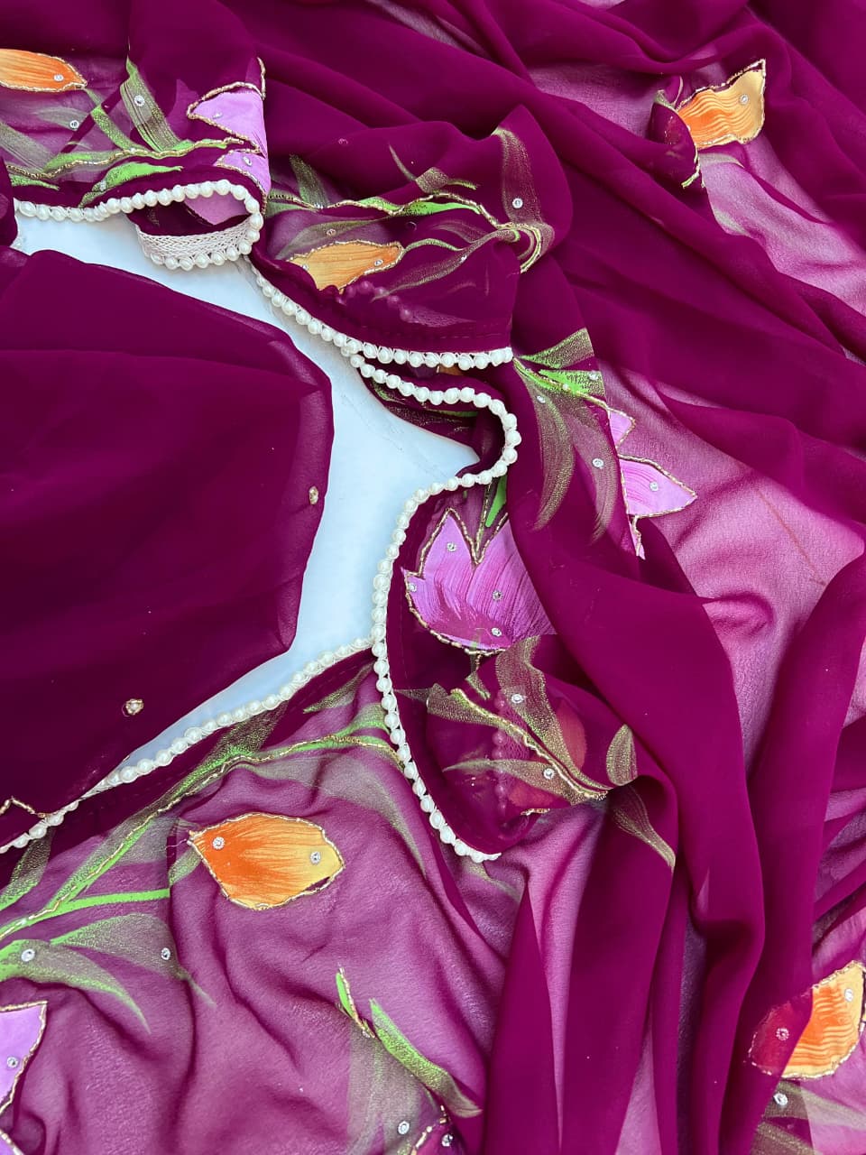 Purple Organza Handpainted Floral Saree with Pearl Borde